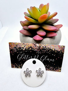 2423 Silver Flower Stud Earrings with Bling
