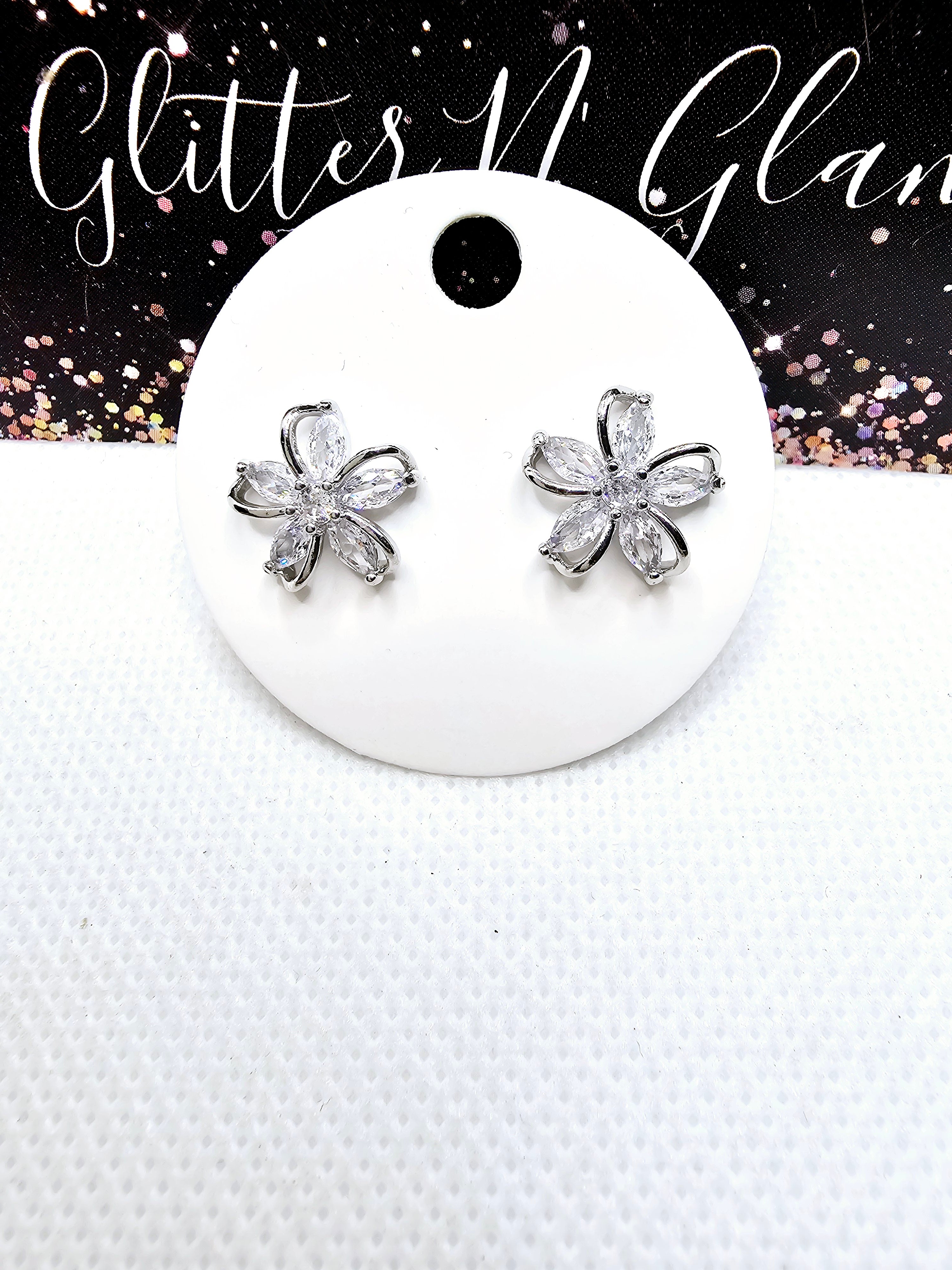2423 Silver Flower Stud Earrings with Bling