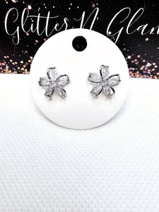 2423 Silver Flower Stud Earrings with Bling