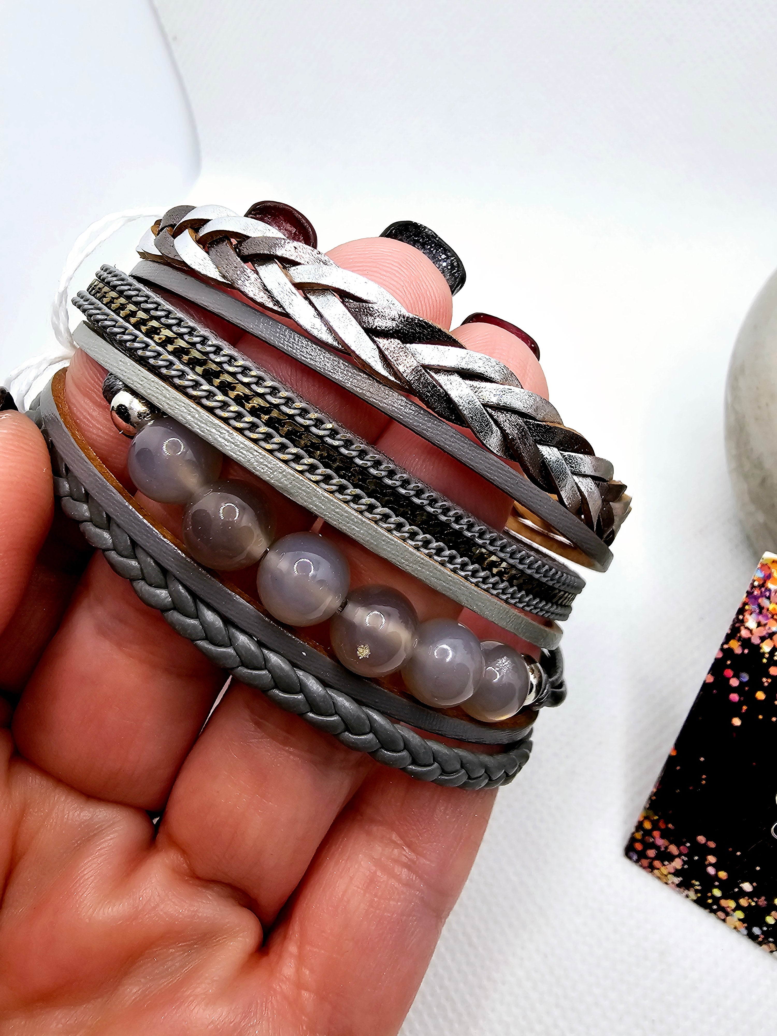 2442 Gray Leather Wrap Bracelet