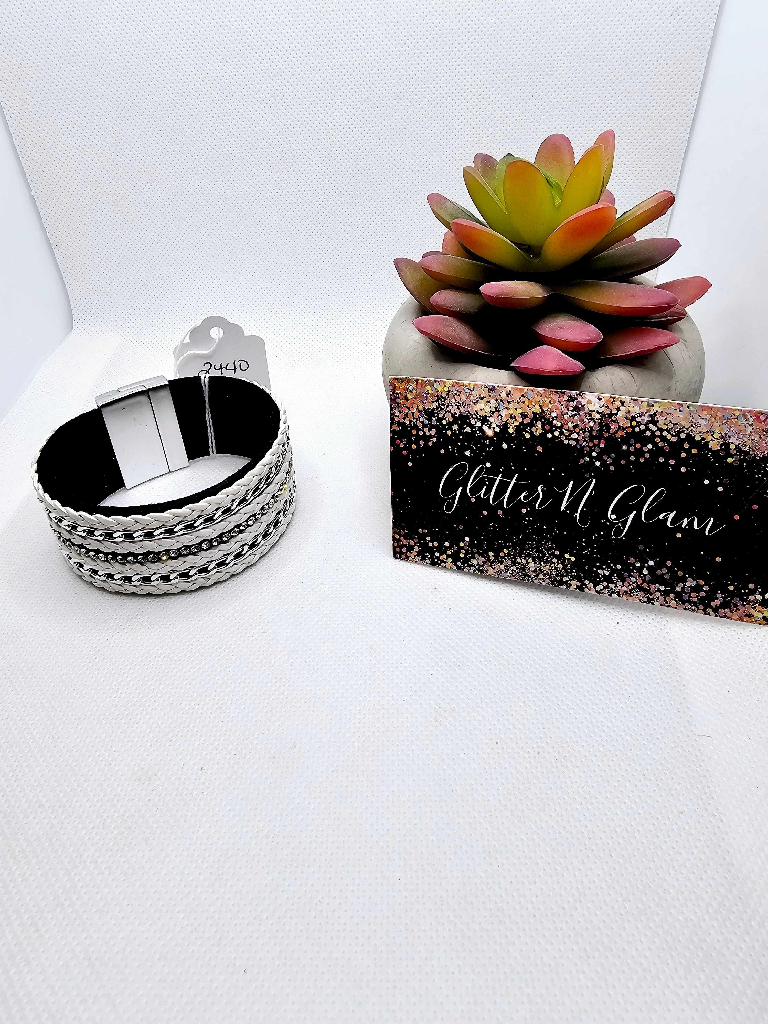 2440 White/Black/Silver Leather Wrap Bracelet