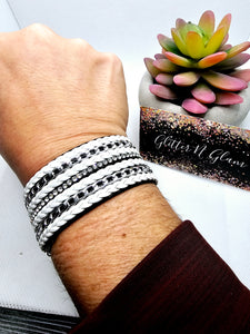 2440 White/Black/Silver Leather Wrap Bracelet
