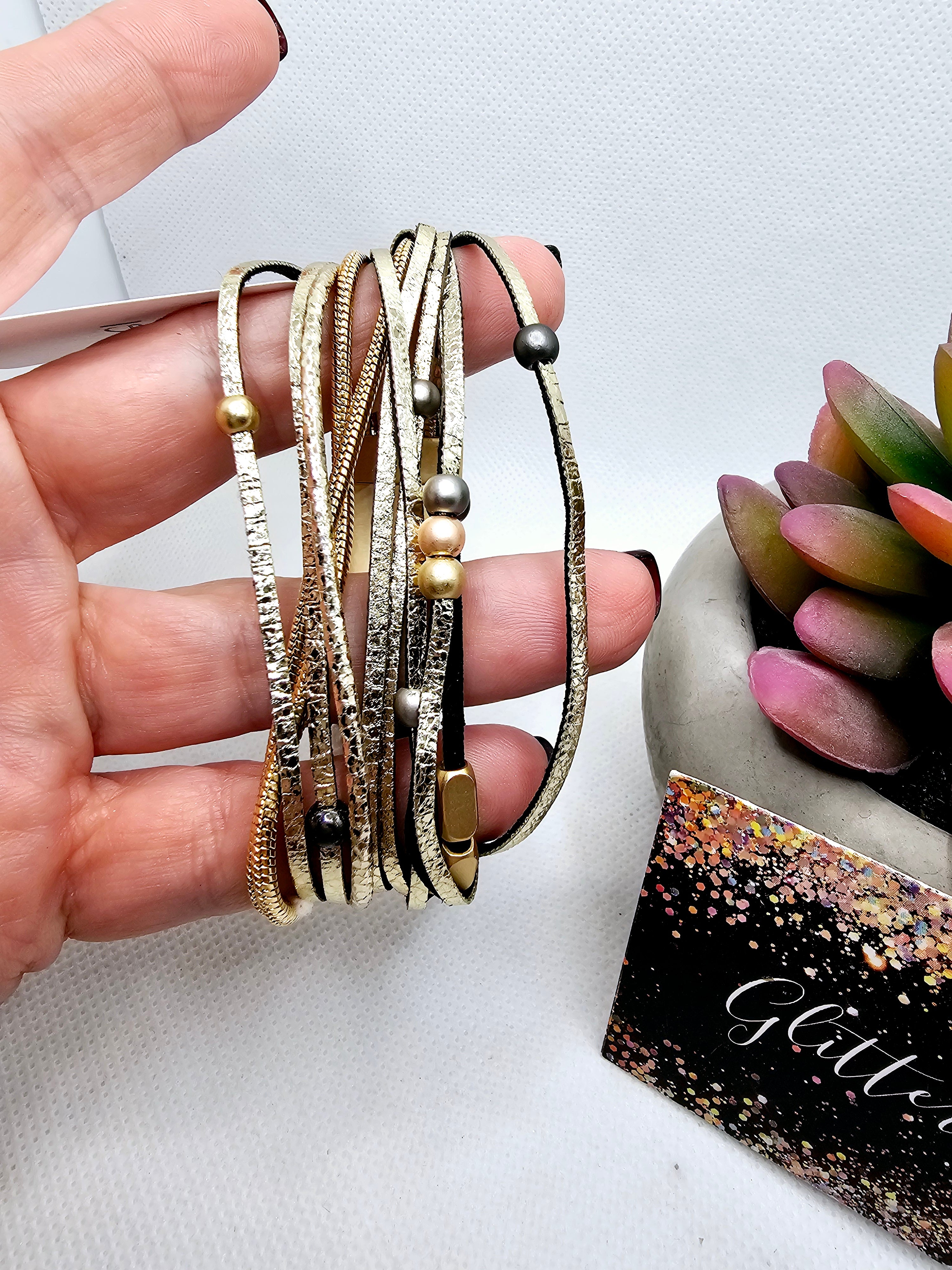 2441 Gold/Silver Leather Wrap Bracelet