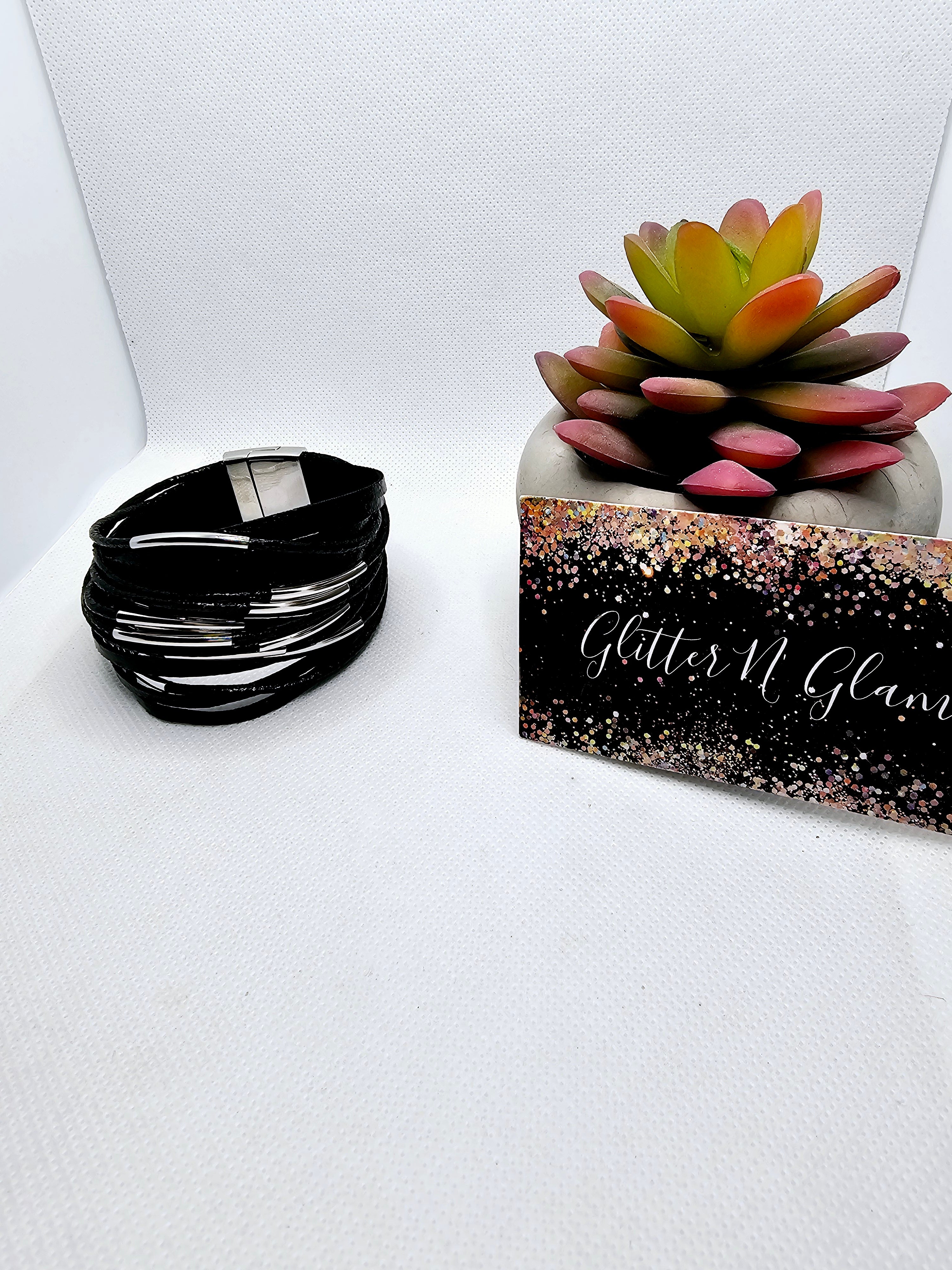 2445 Black with Silver Accents Leather Wrap Bracelet
