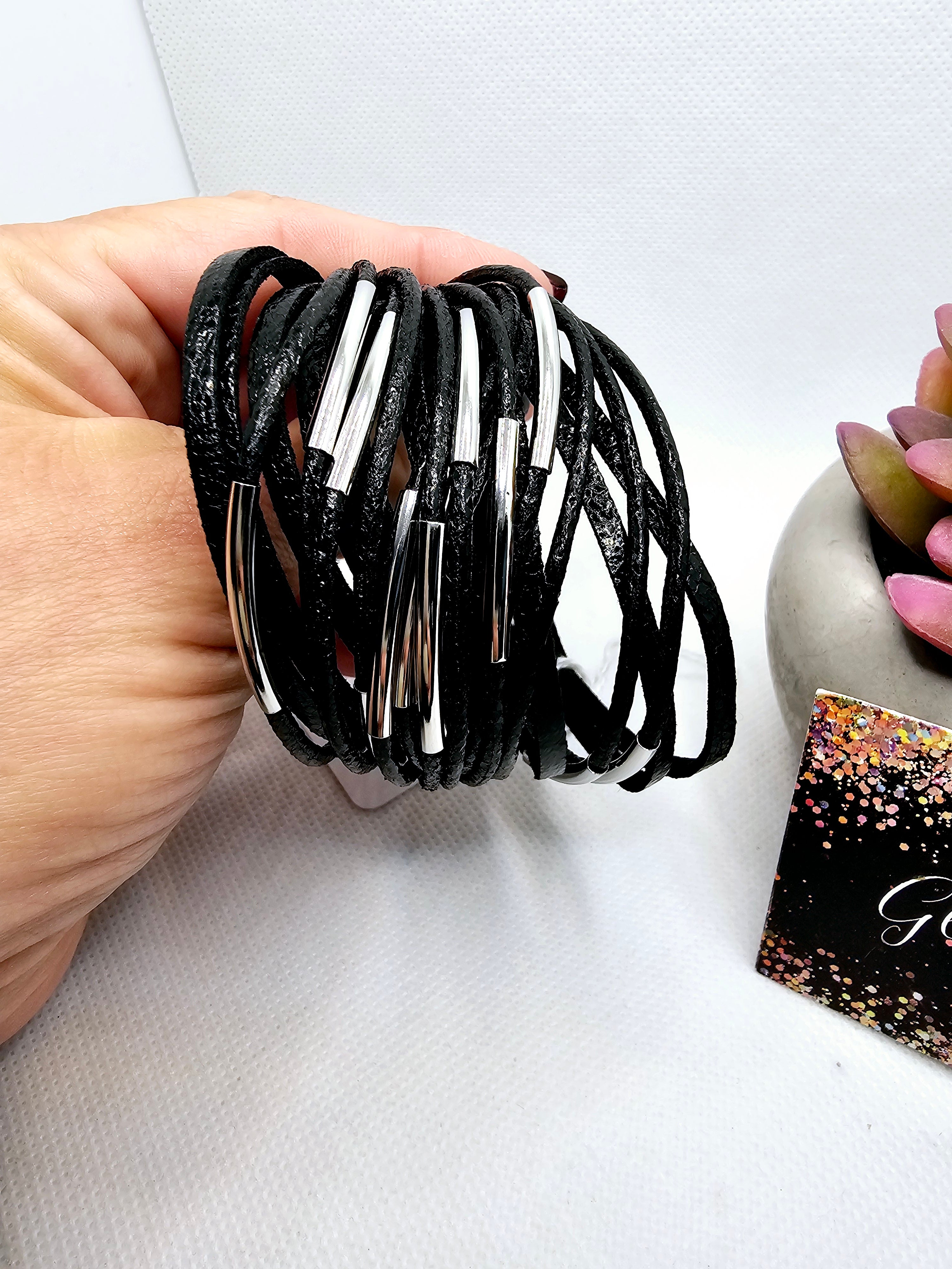 2445 Black with Silver Accents Leather Wrap Bracelet