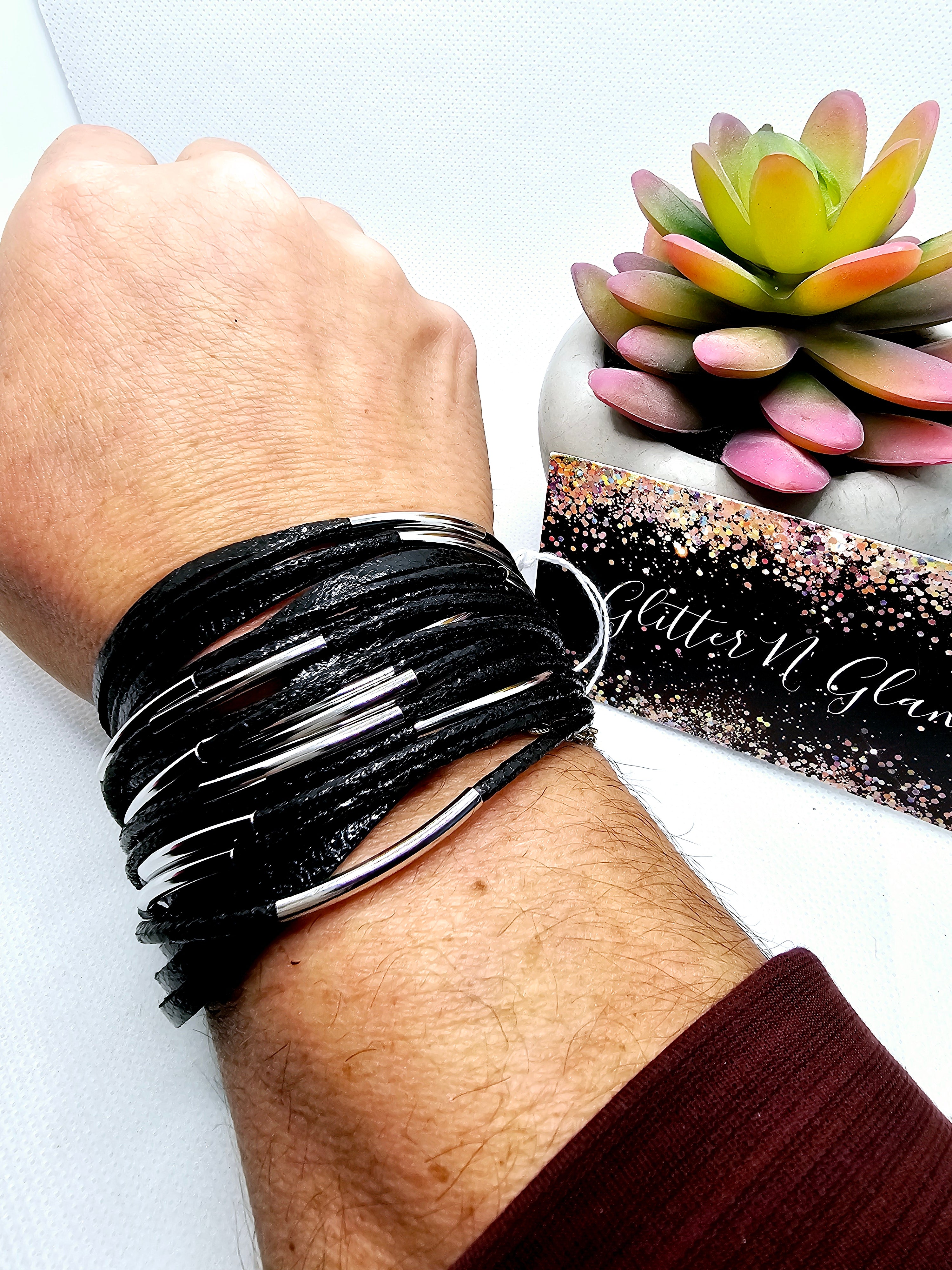 2445 Black with Silver Accents Leather Wrap Bracelet