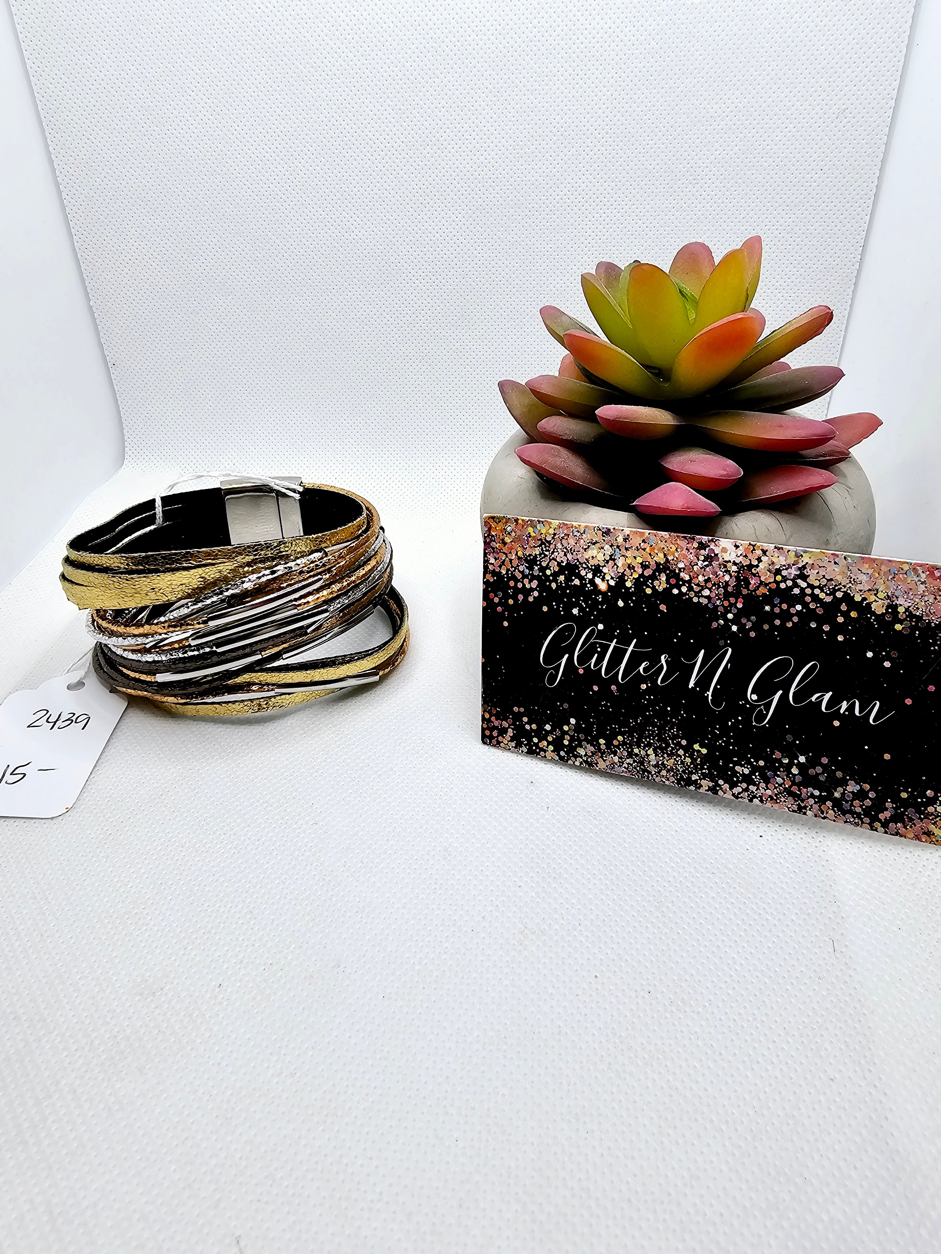 2439 Gold/Rosegold/Gunmetal with Silver Accents Leather Wrap Bracelet