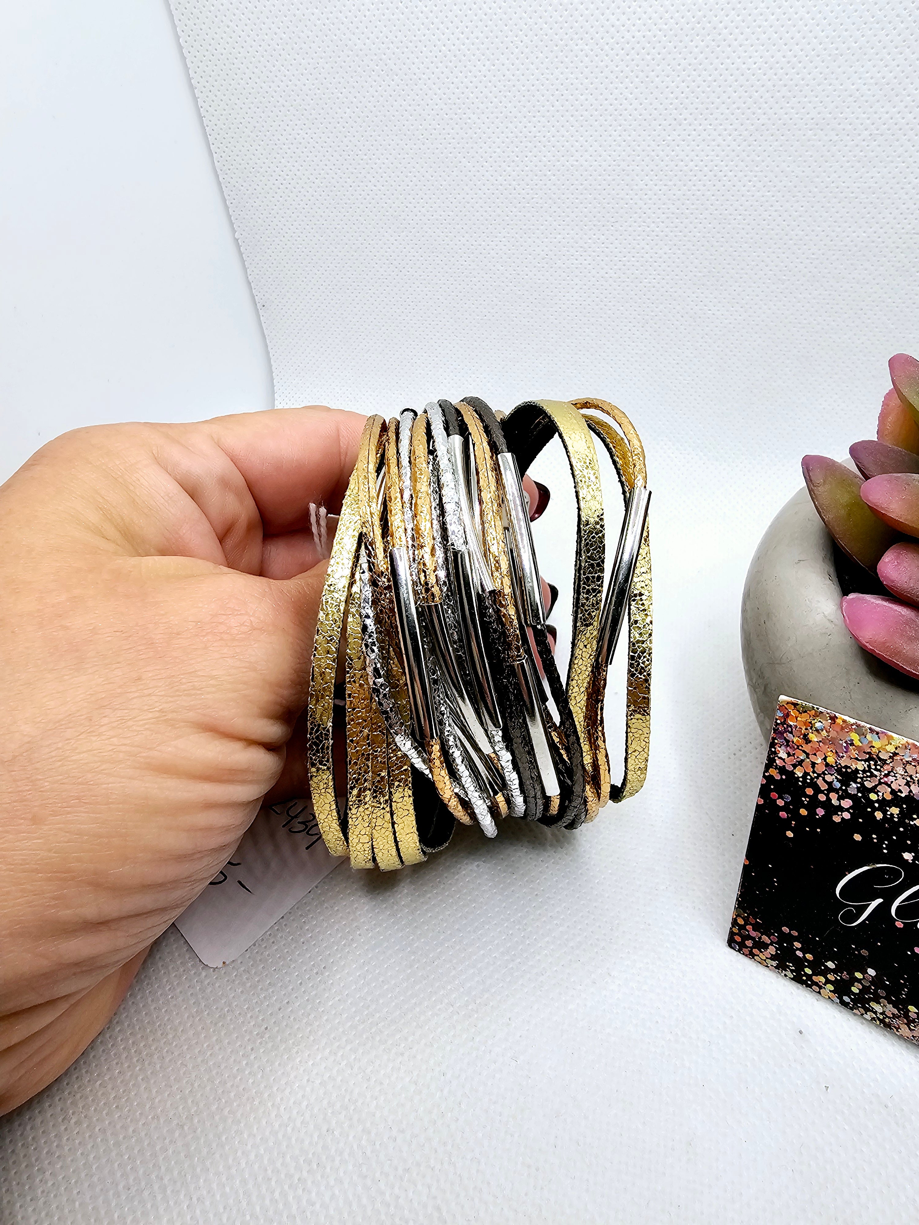 2439 Gold/Rosegold/Gunmetal with Silver Accents Leather Wrap Bracelet