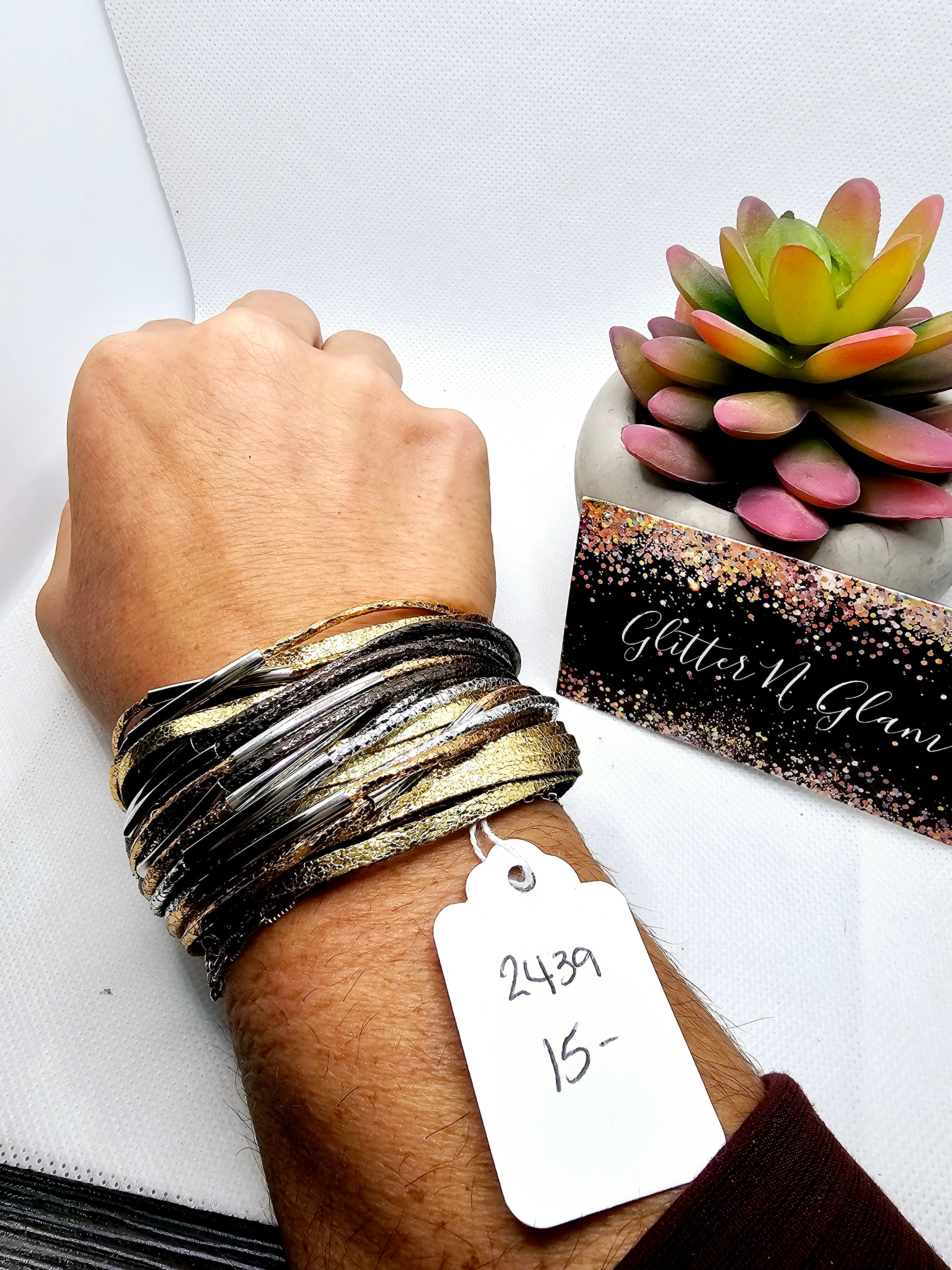 2439 Gold/Rosegold/Gunmetal with Silver Accents Leather Wrap Bracelet