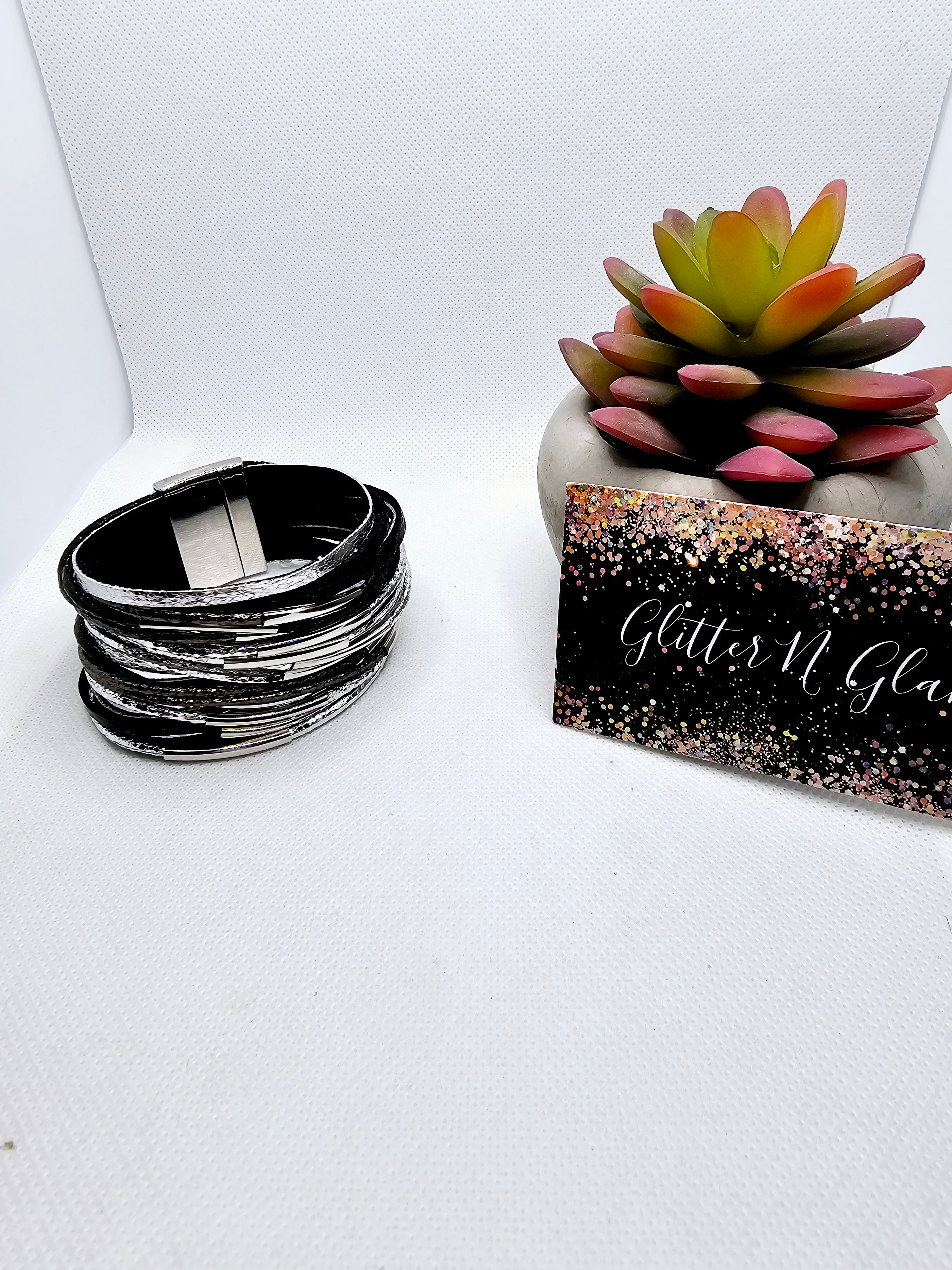 2438 Black/Silver Leather Wrap Bracelet