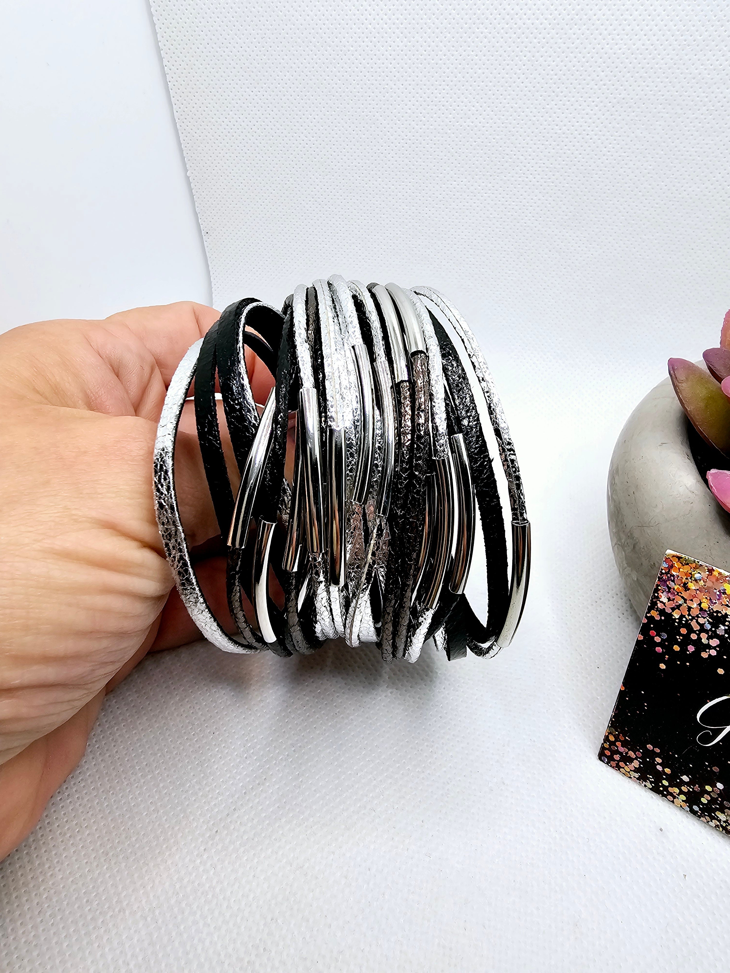2438 Black/Silver Leather Wrap Bracelet