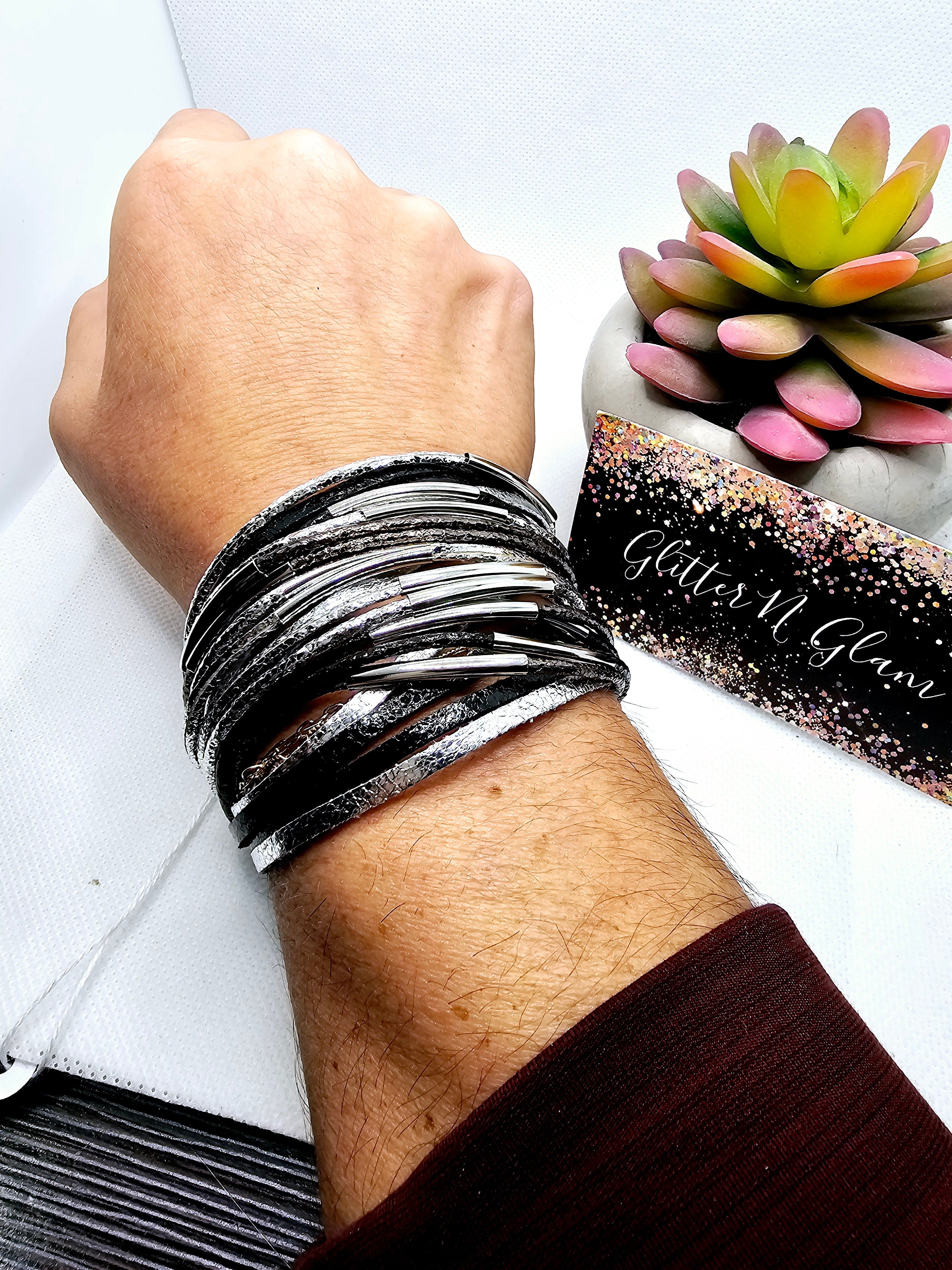 2438 Black/Silver Leather Wrap Bracelet