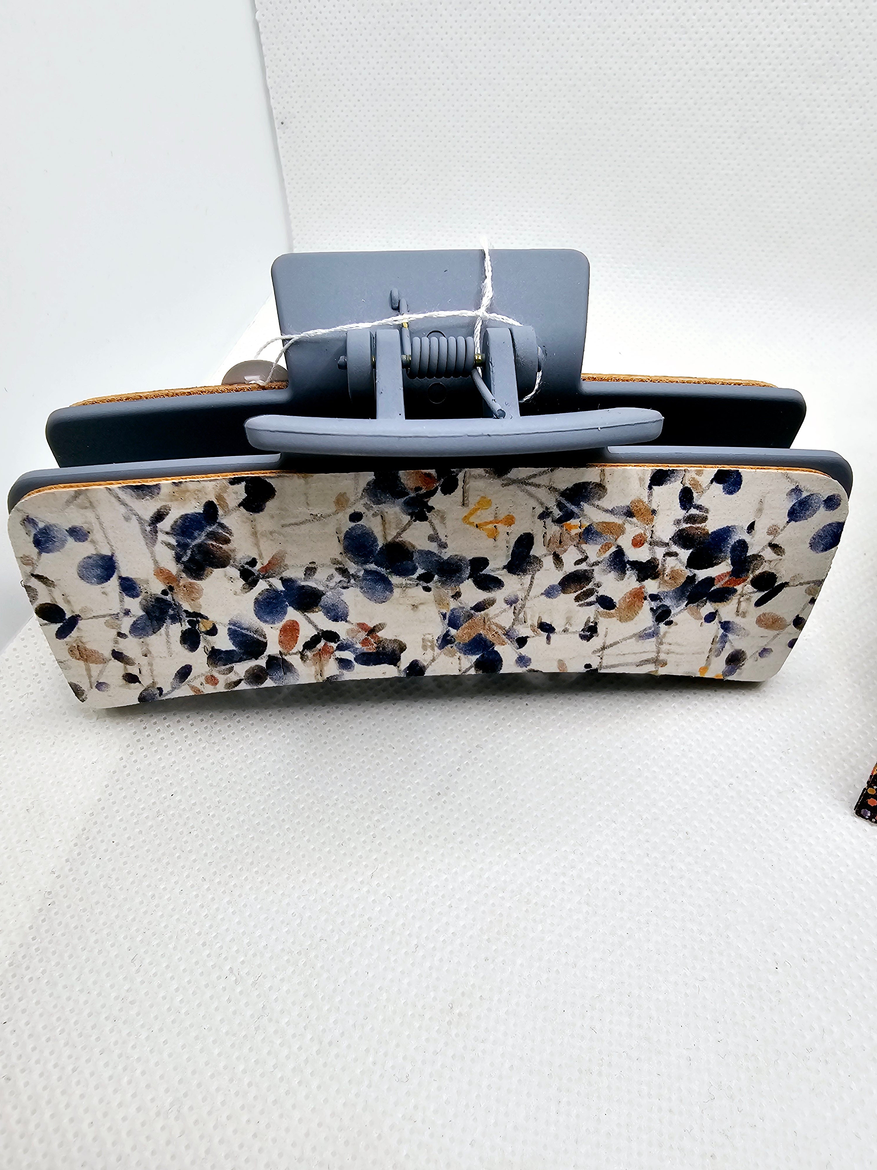 2467 Blue Foral Leather Claw Clip