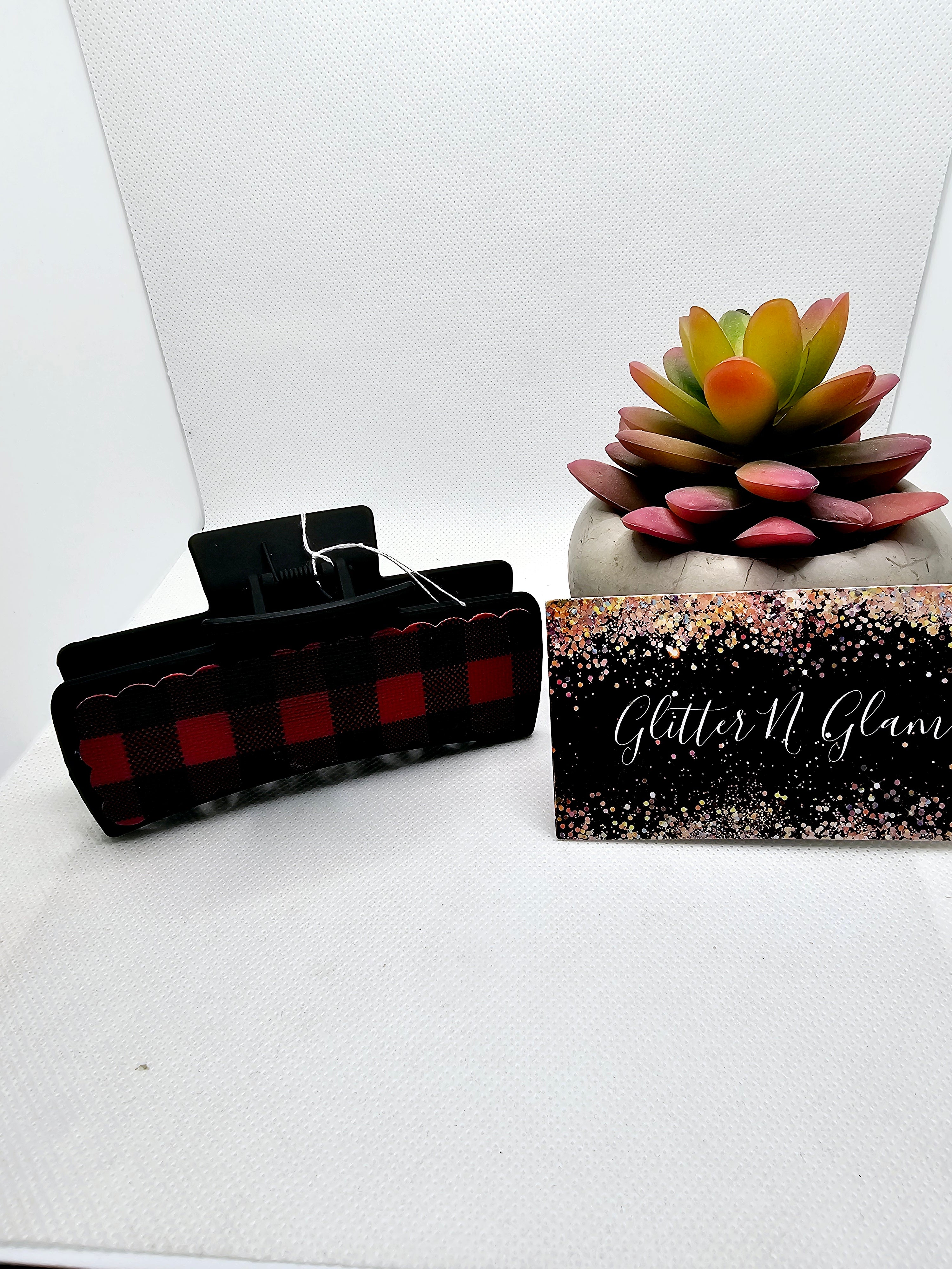 2458 Red Buffalo Plaid Leather Claw Clip