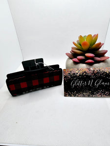 2458 Red Buffalo Plaid Leather Claw Clip