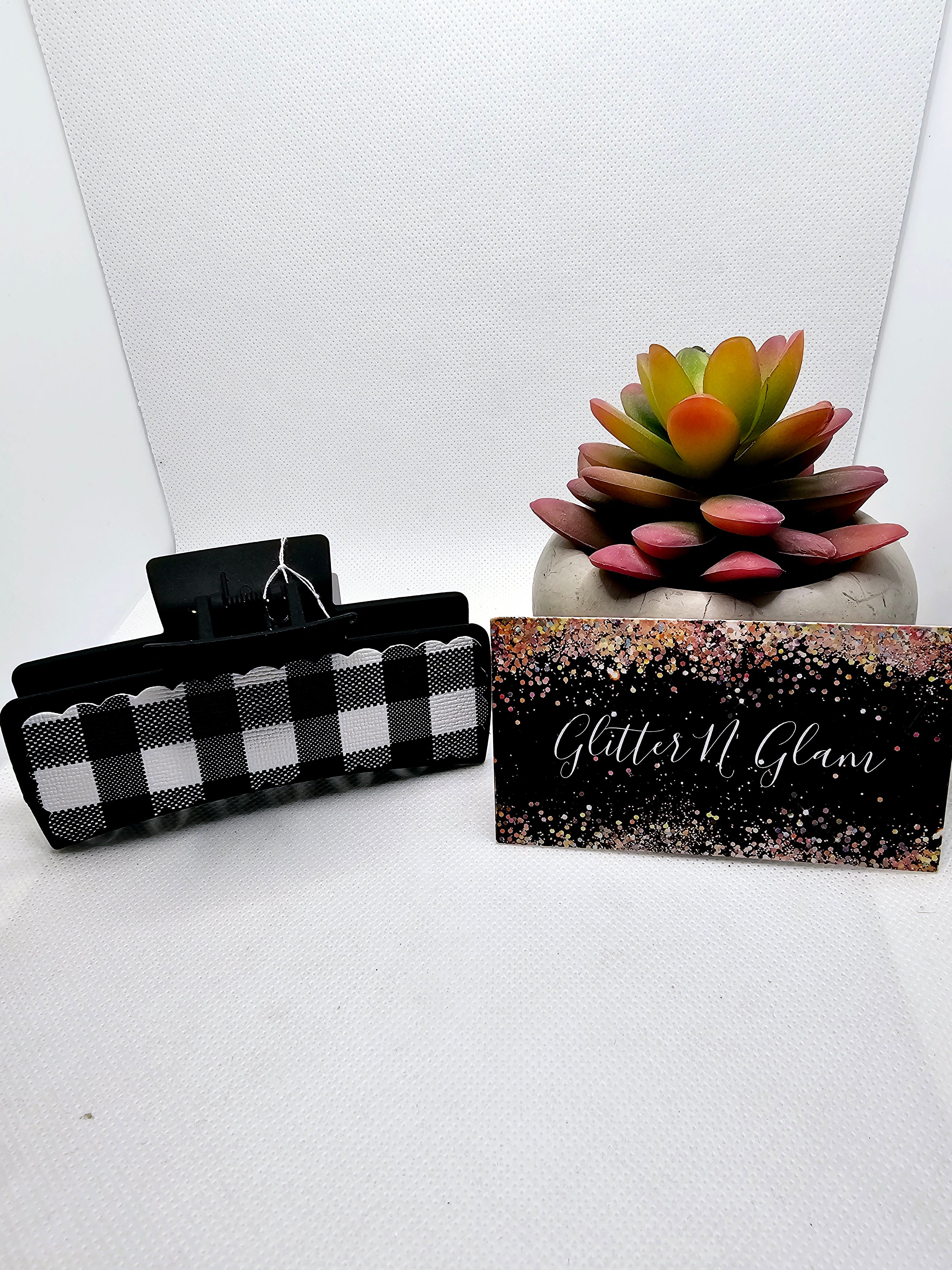 2455 Black/White Plaid Leather Claw Clip
