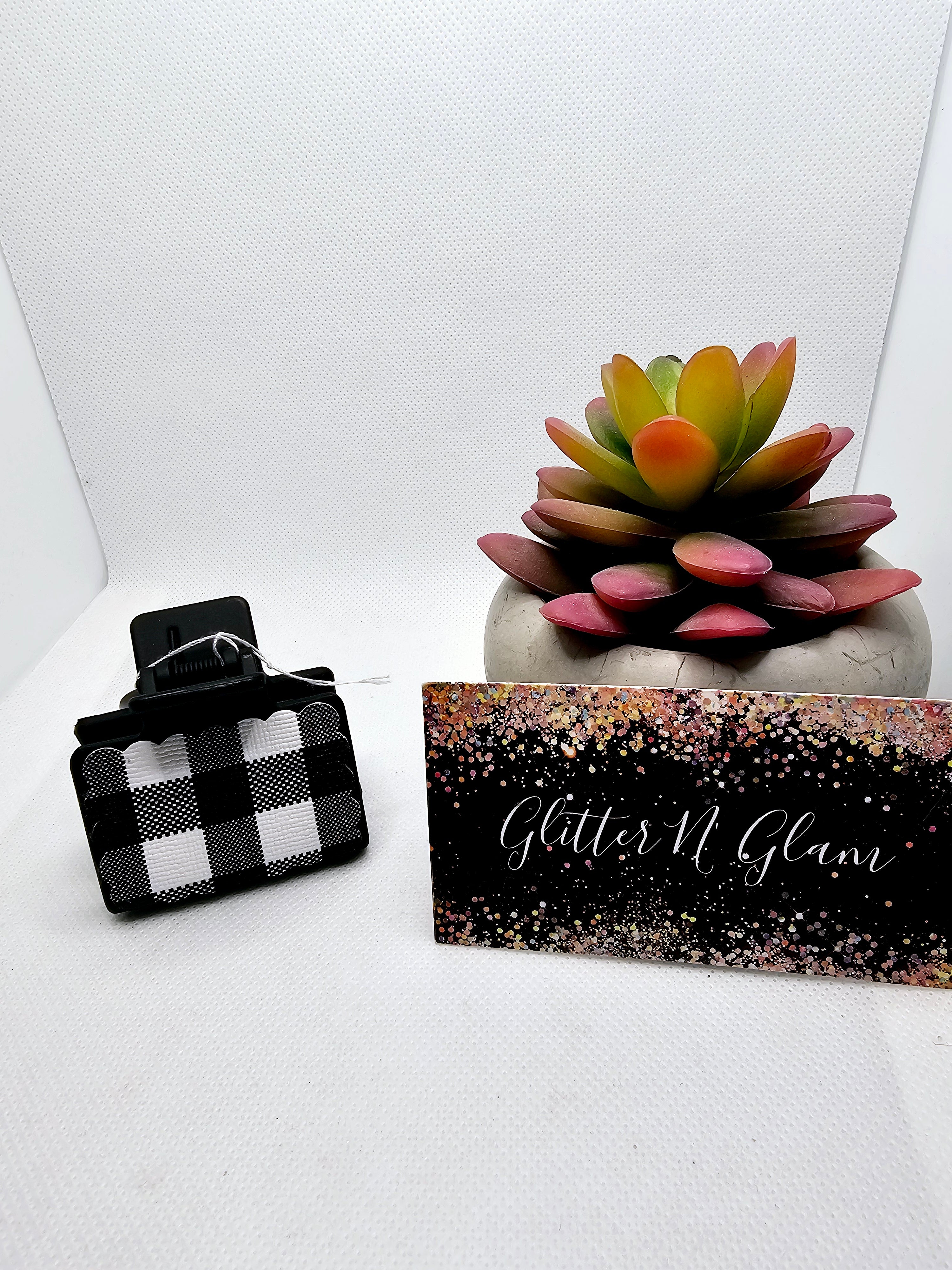 2456 Black/White Plaid Small Leather Claw Clip