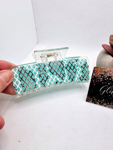 2449 Clear Teal/White Lace Leather Claw Clip