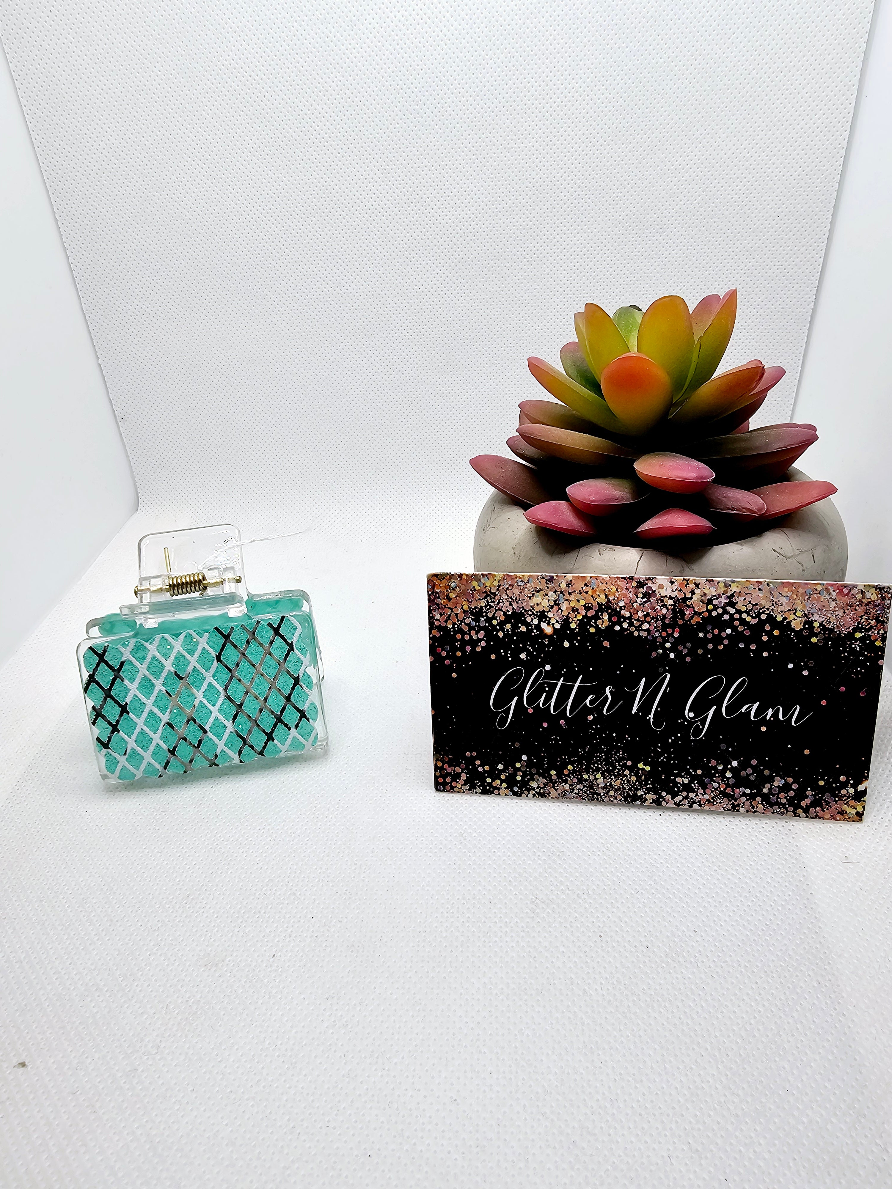 2450 Clear Teal/White Lace Leather Small Claw Clip