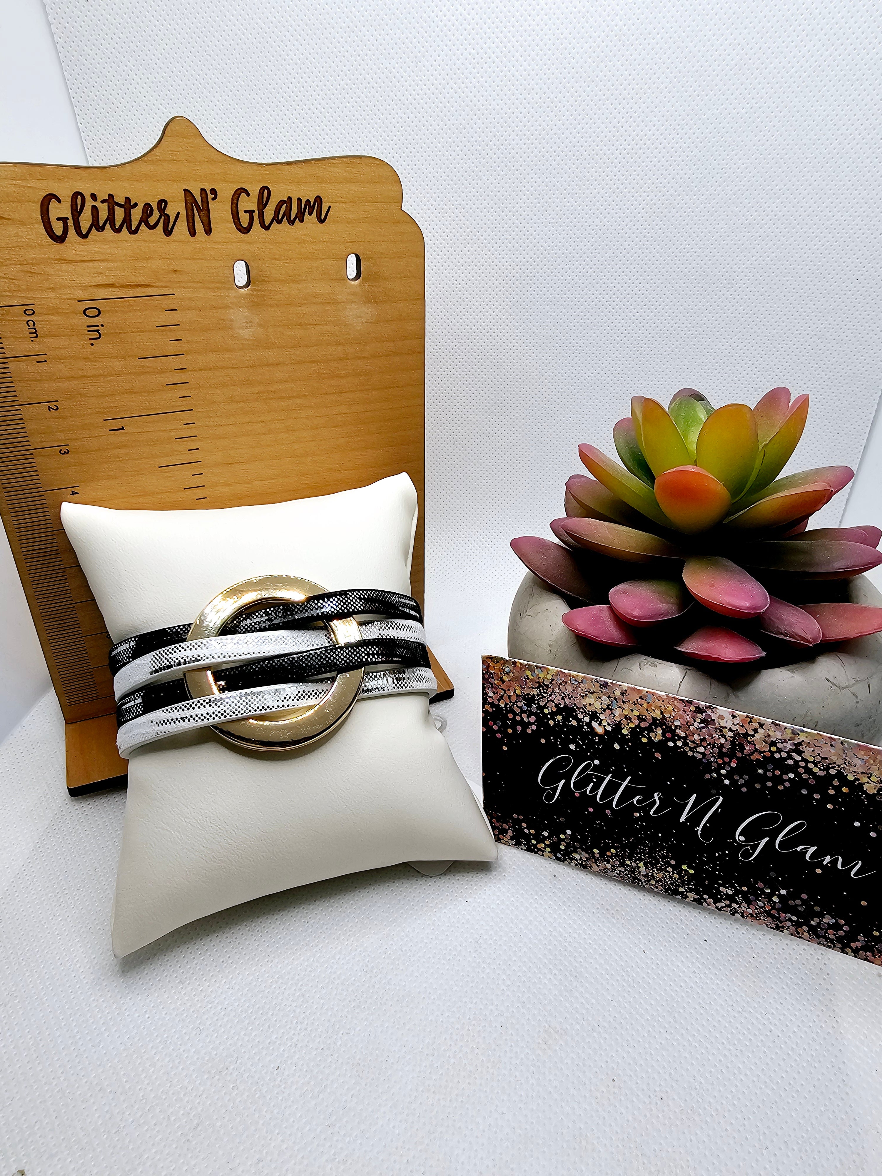 2487 Black and White Leather Wrap Bracelet with Magnetic Clasp and Gold Accents