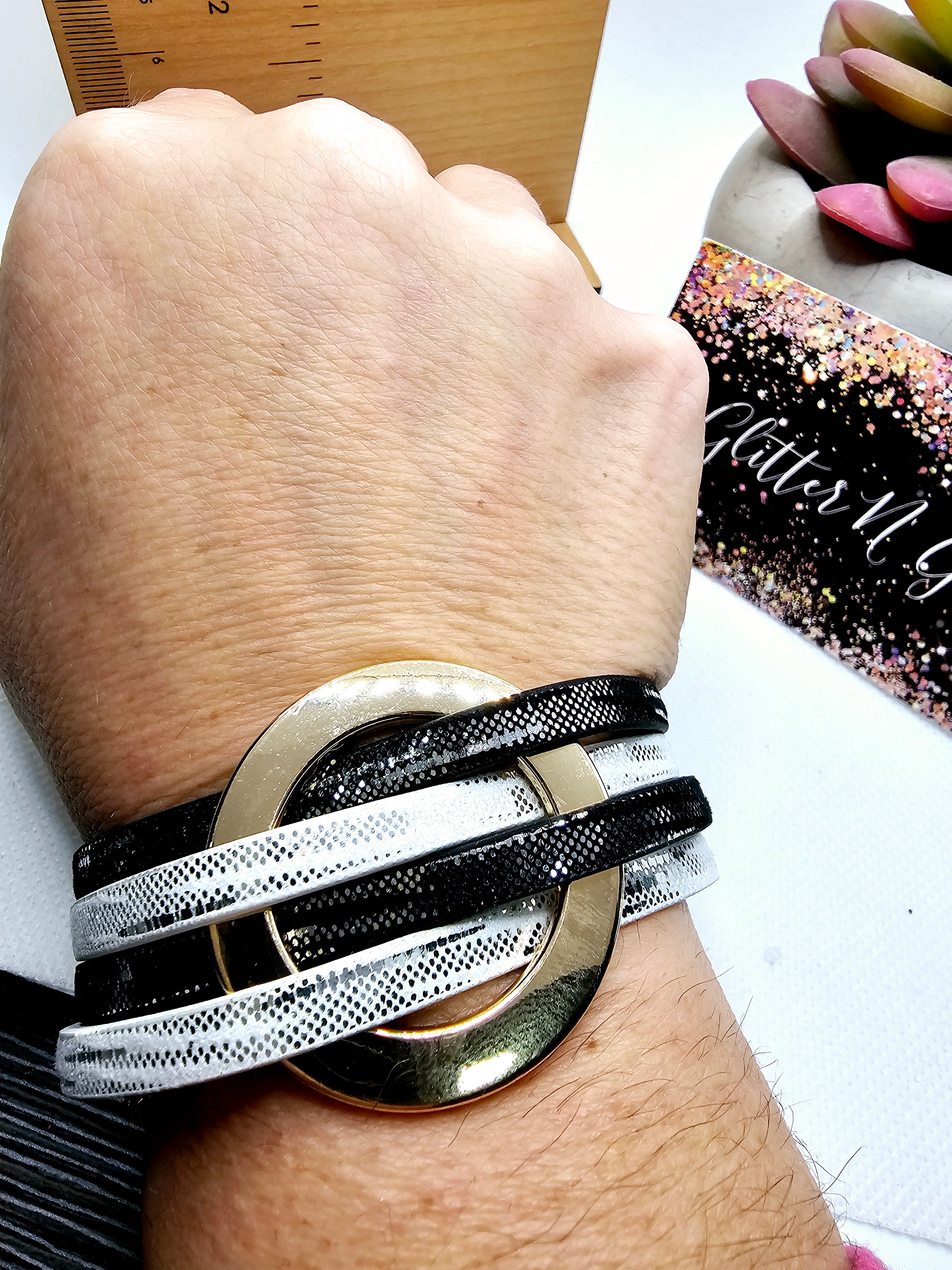 2487 Black and White Leather Wrap Bracelet with Magnetic Clasp and Gold Accents