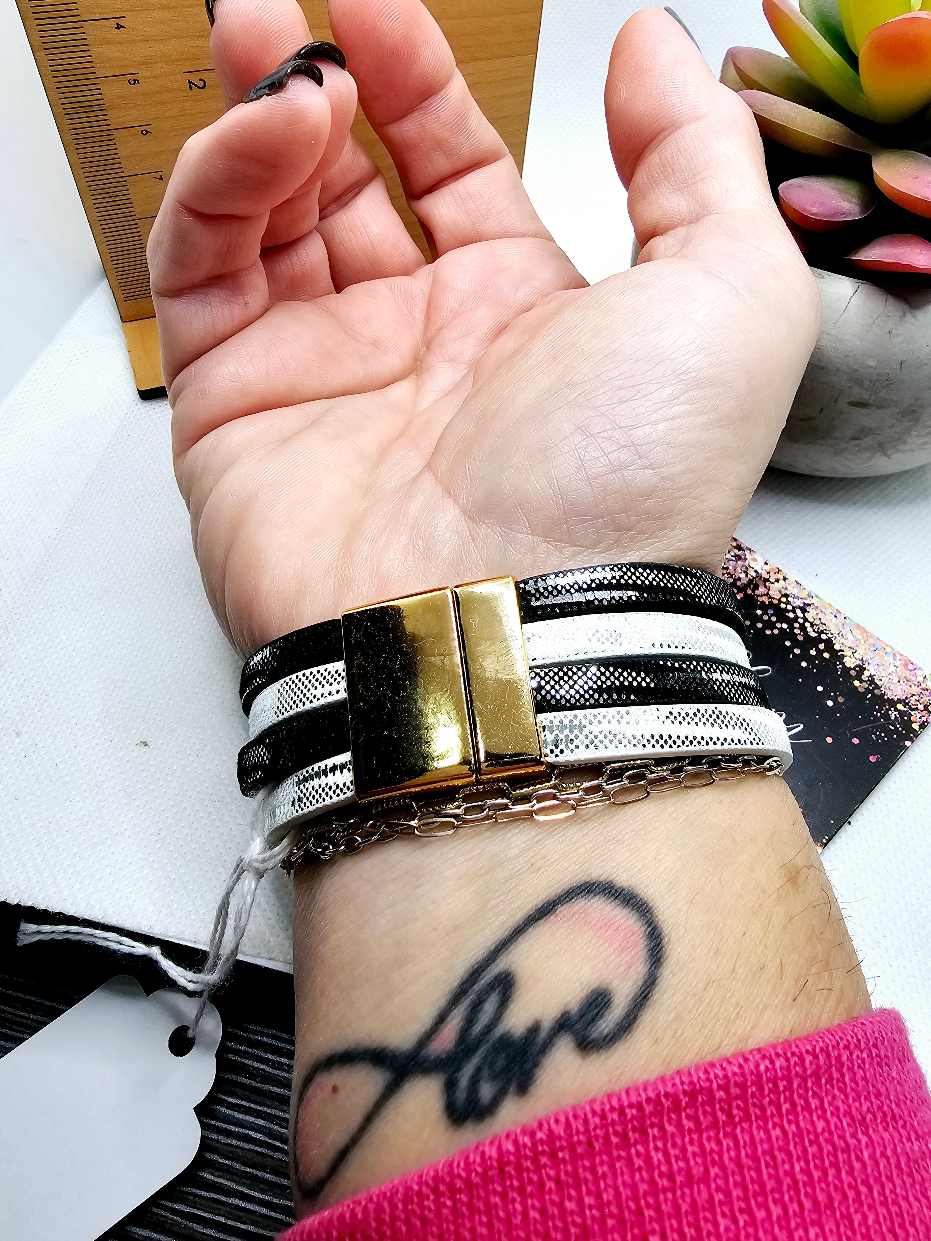 2487 Black and White Leather Wrap Bracelet with Magnetic Clasp and Gold Accents