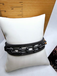 2480 Gun Metal Leather Wrap Bracelet with Magnetic Clasp and Chain-like Details