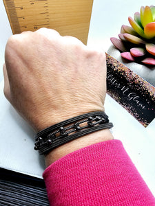 2480 Gun Metal Leather Wrap Bracelet with Magnetic Clasp and Chain-like Details