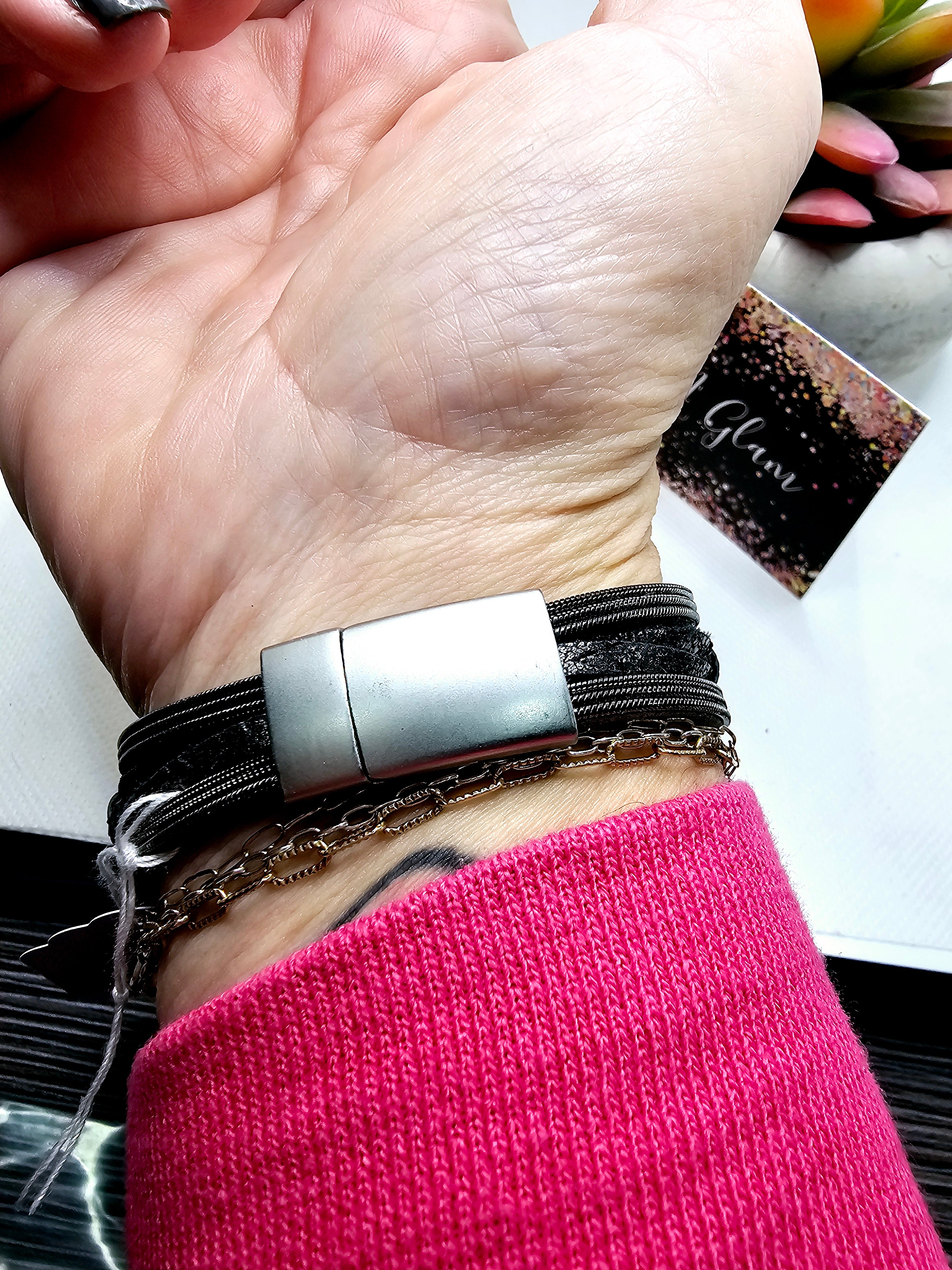 2480 Gun Metal Leather Wrap Bracelet with Magnetic Clasp and Chain-like Details