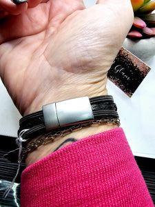 2480 Gun Metal Leather Wrap Bracelet with Magnetic Clasp and Chain-like Details