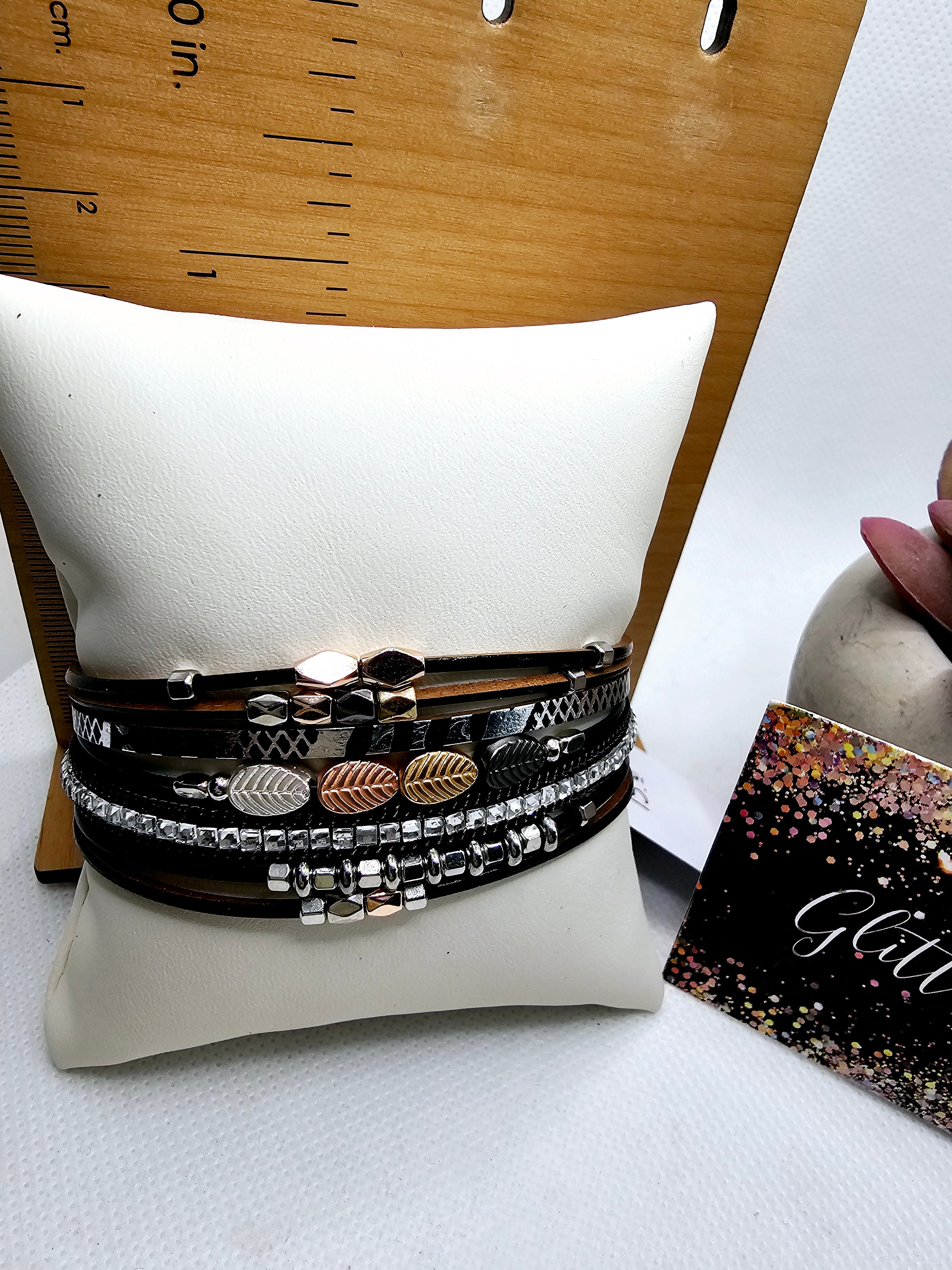 2484 Black and Silver Wrap Bracelet with Magnetic Clasp and Rosegold/Gold/Gunmetal Accents