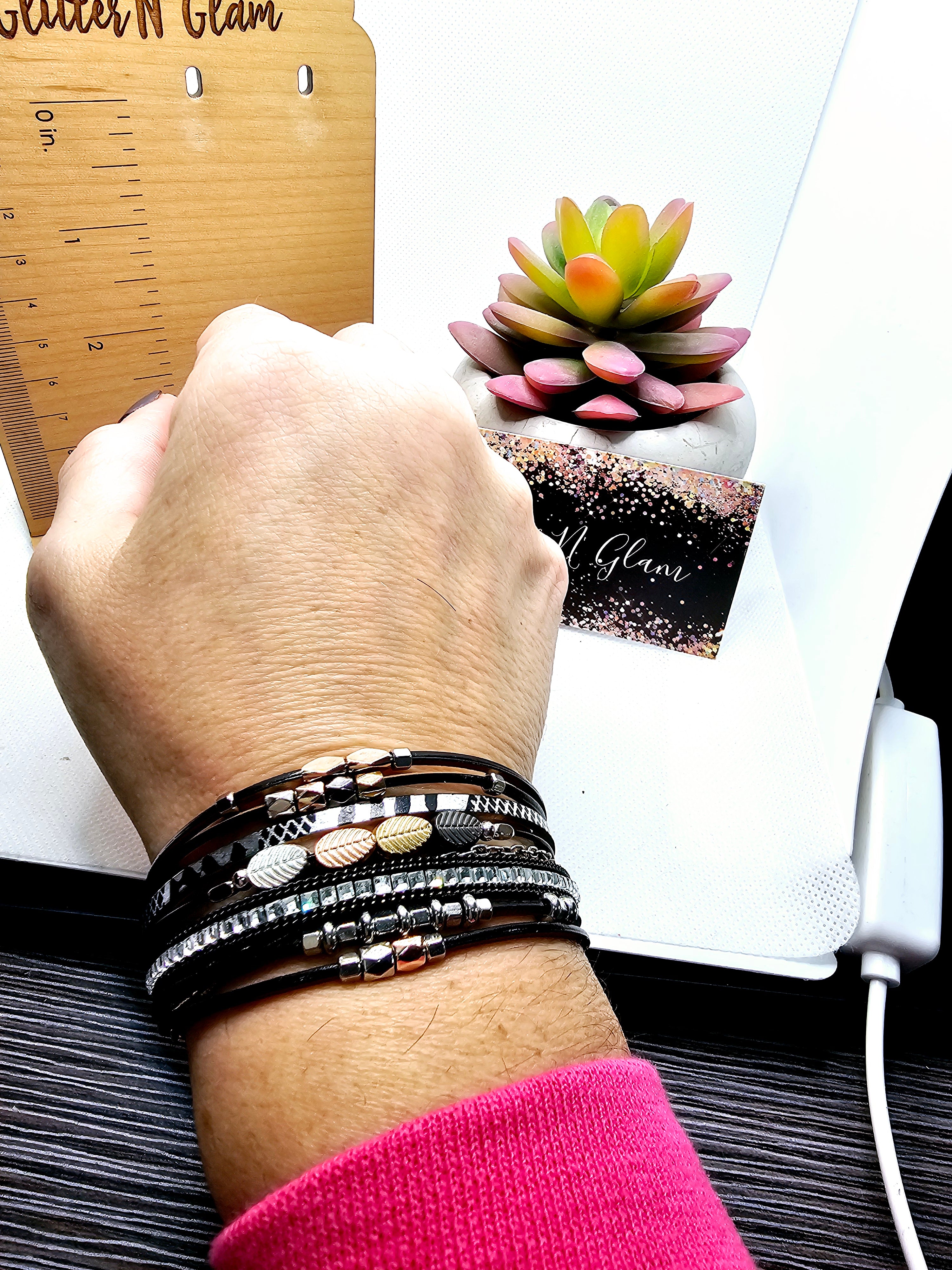 2484 Black and Silver Wrap Bracelet with Magnetic Clasp and Rosegold/Gold/Gunmetal Accents