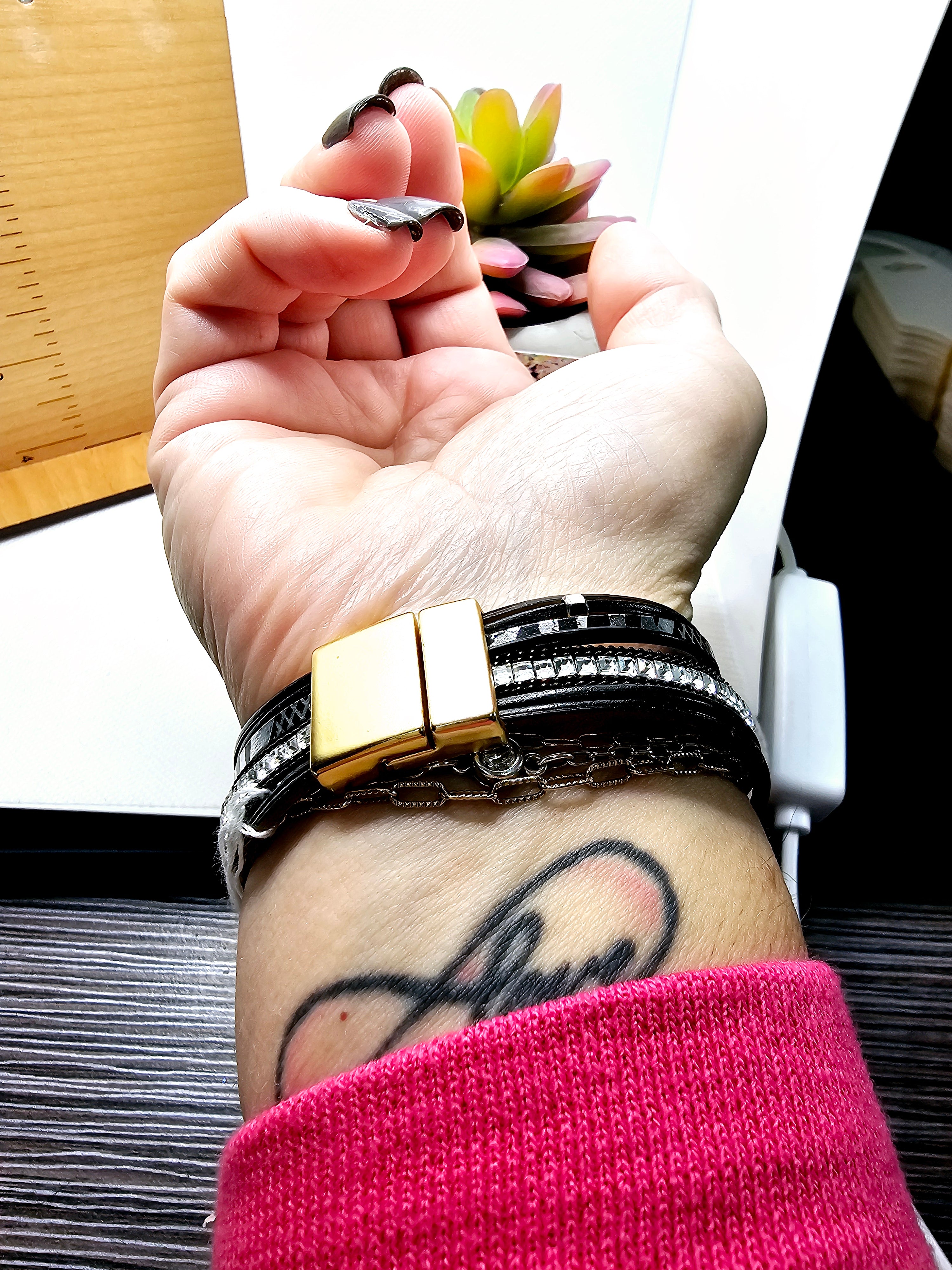 2484 Black and Silver Wrap Bracelet with Magnetic Clasp and Rosegold/Gold/Gunmetal Accents