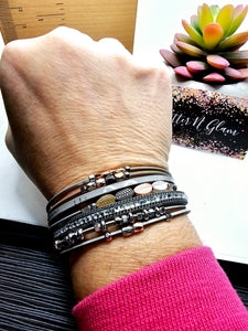 2486 Gray and Silver Wrap Bracelet with Magnetic Clasp and Rosegold/Gold/Gunmetal Accents