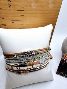 2485 Cream and Silver Wrap Bracelet with Magnetic Clasp and Rosegold/Gold/Gunmetal Accents