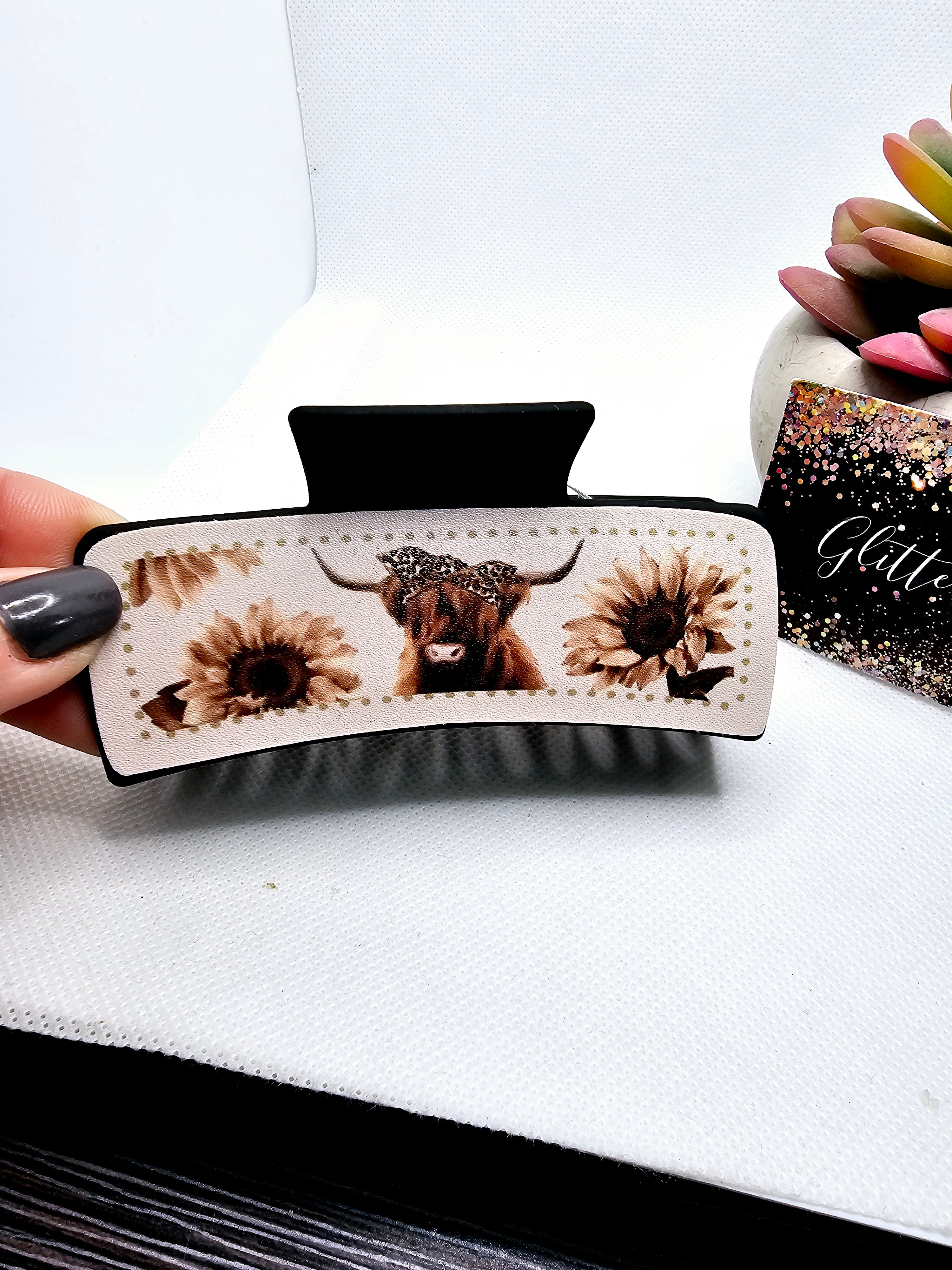 2490 Ivory and Black Highland Cow Leather Hair Claw Clip
