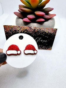 2501 Red Sparkly Santa Hats Stud Earrings