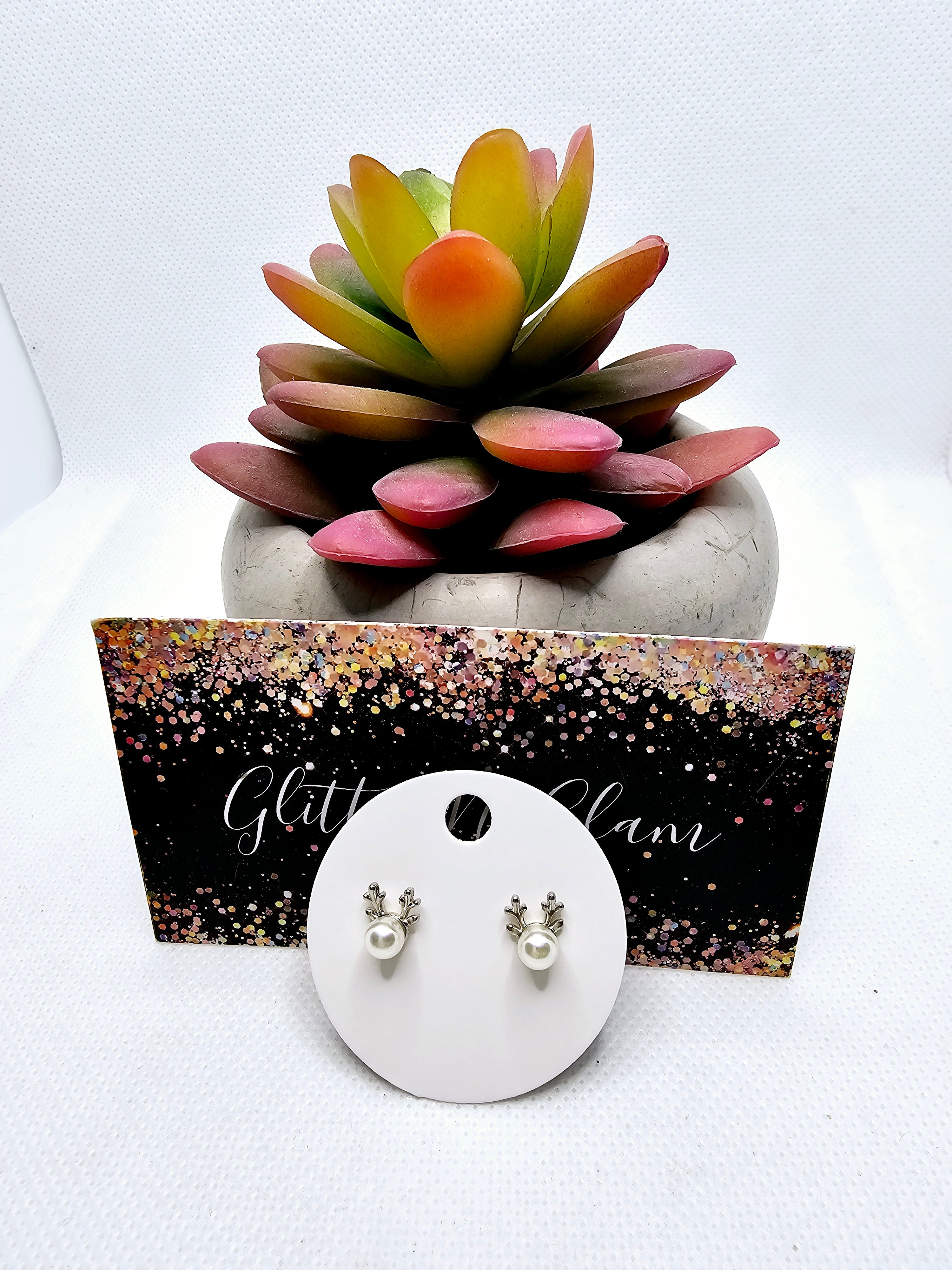 2504 White Pearl Reindeer Stud Earrings