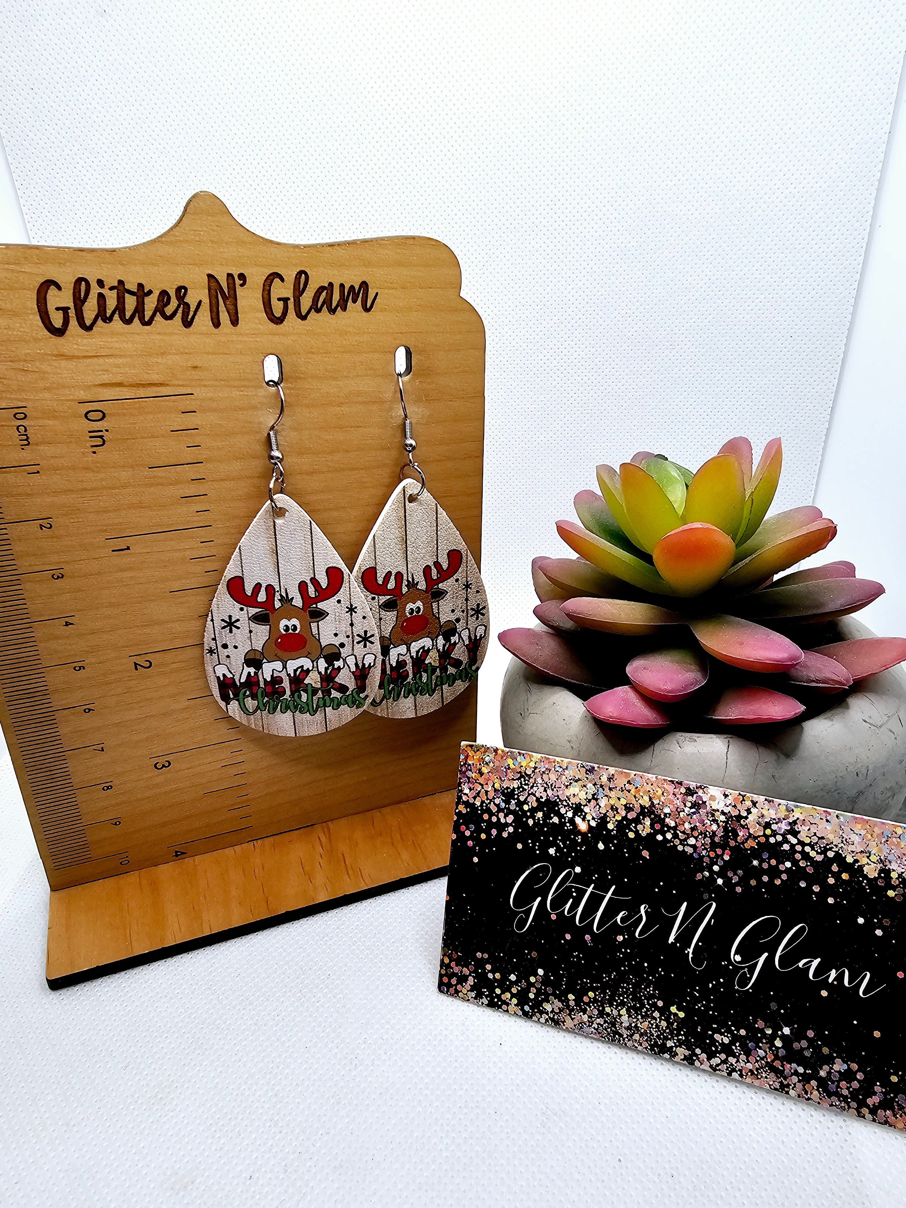 2500 Merry Christmas Reindeer Leather Teardrop Earrings