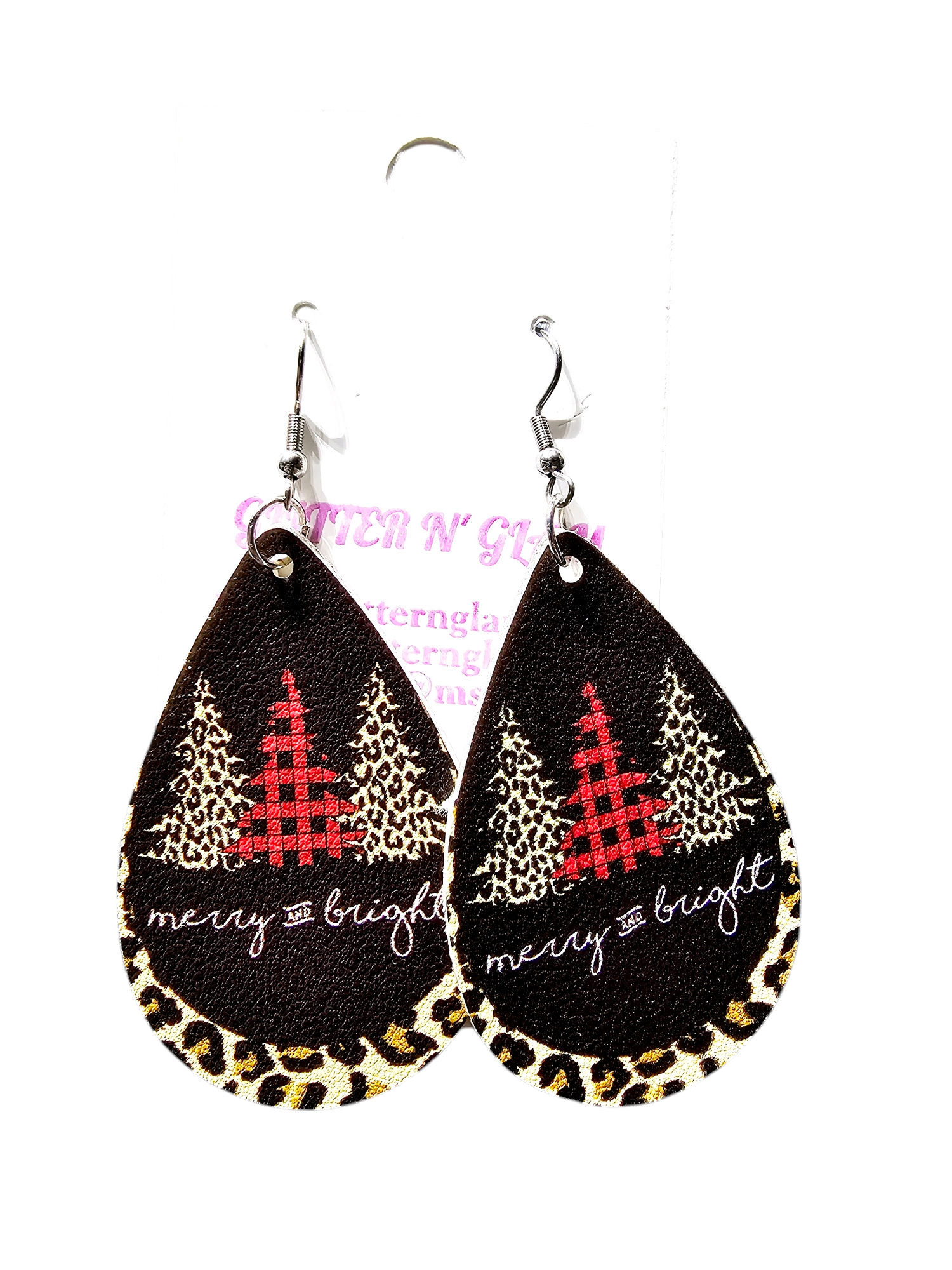 2507 Animal Print Christmas Tree Leather Dangle Earrings
