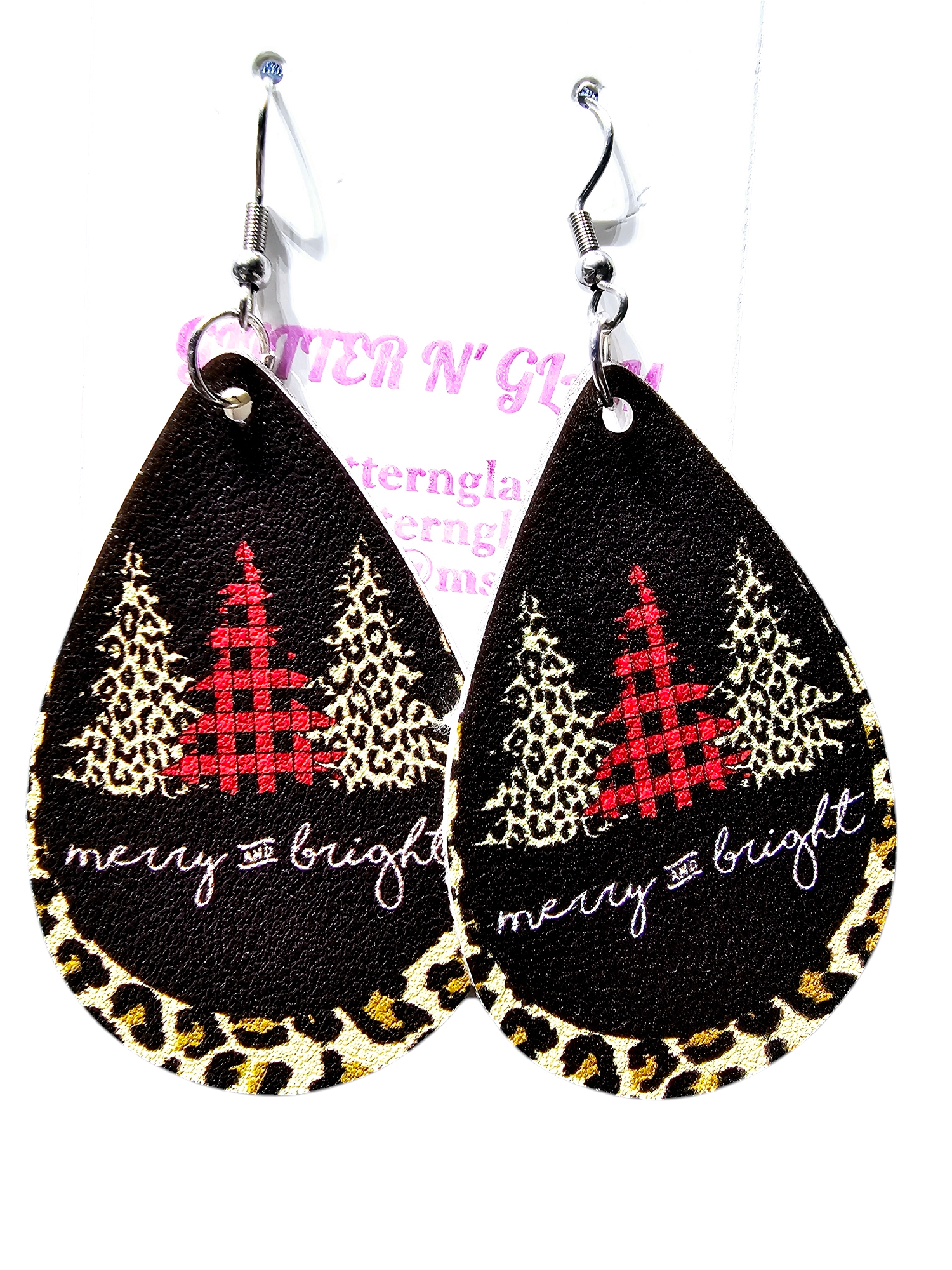 2507 Animal Print Christmas Tree Leather Dangle Earrings