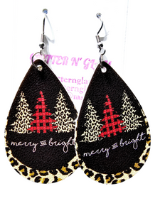 2507 Animal Print Christmas Tree Leather Dangle Earrings