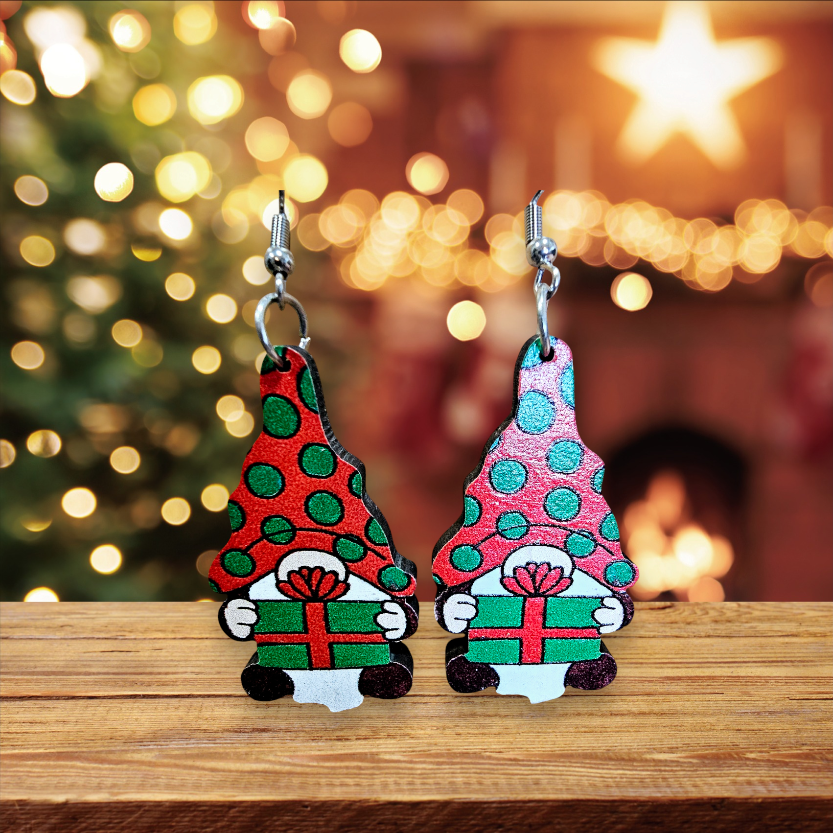 2509 Wooden Noem Dangle Earrings Holding a Present