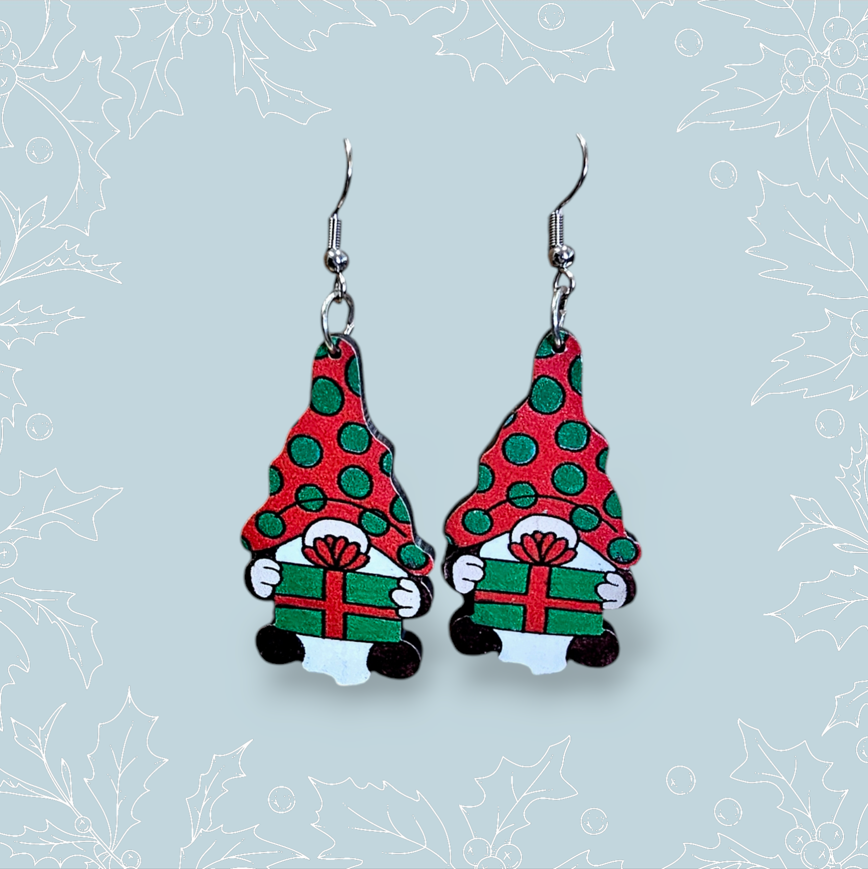 2509 Wooden Noem Dangle Earrings Holding a Present