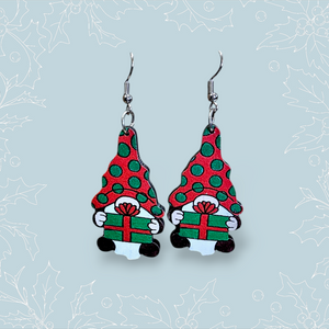 2509 Wooden Noem Dangle Earrings Holding a Present
