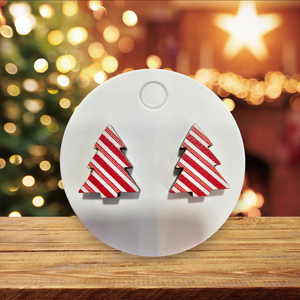 2513 Red and White Stiped wood Christmas Tree Stud Earrings