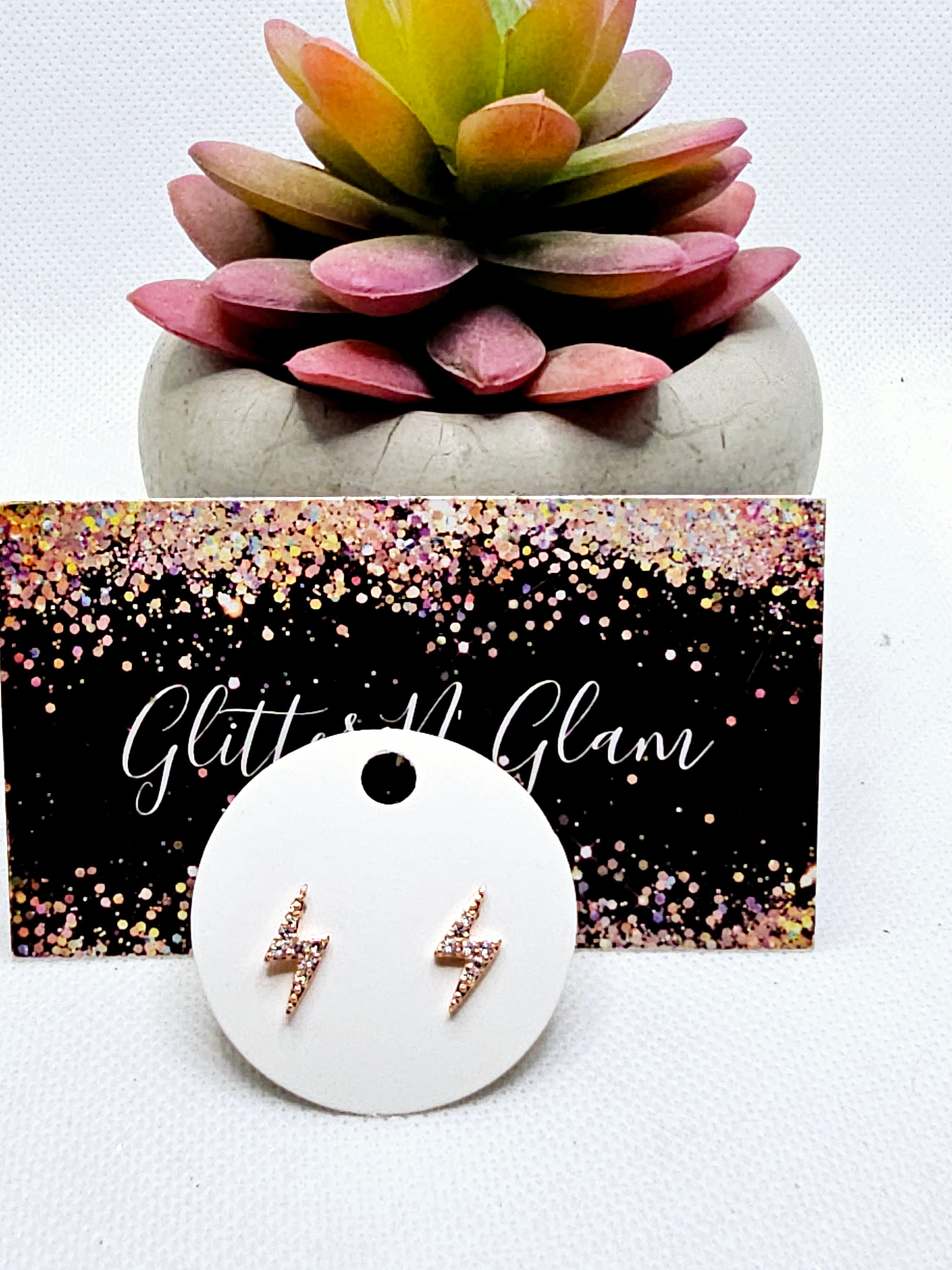 2521 Rosegold Lightening Bolt Stud Earrings with Bling