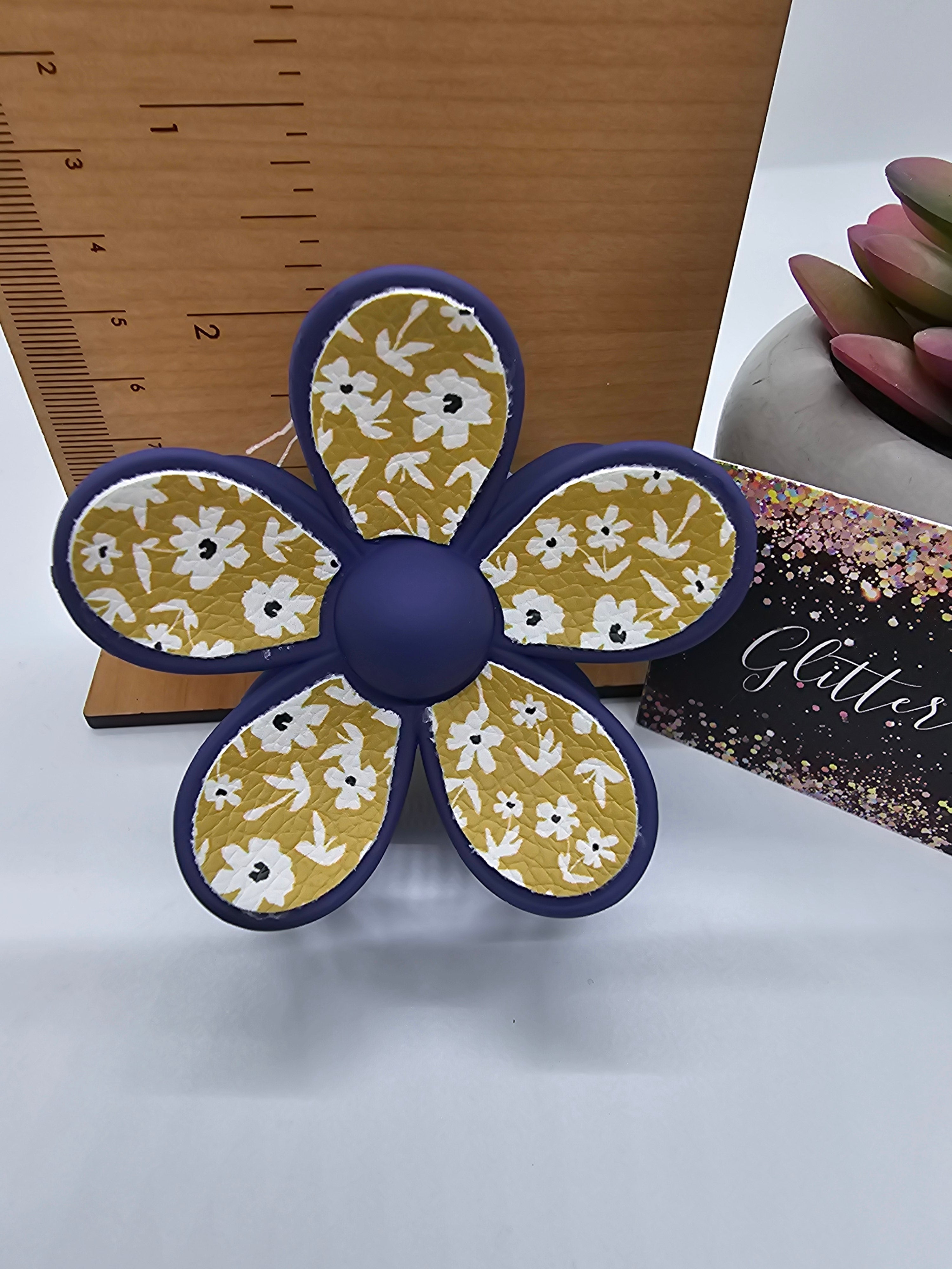 2628 Mustard Yellow and Navy Floral Leather Flower Hair Claw Clip