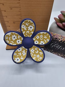 2628 Mustard Yellow and Navy Floral Leather Flower Hair Claw Clip