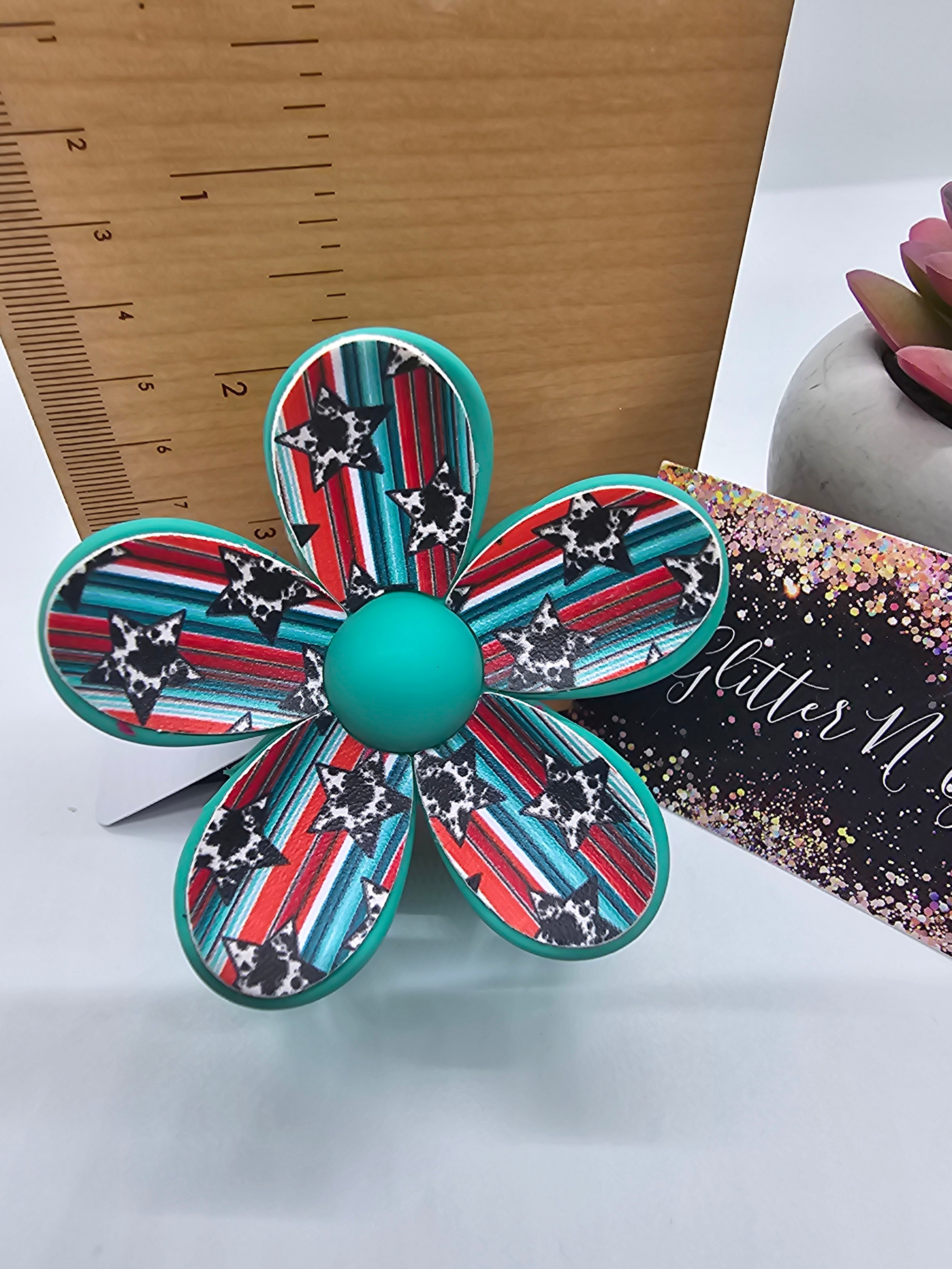 2641 Teal and Cow Print Leather Flower Hair Claw Clip